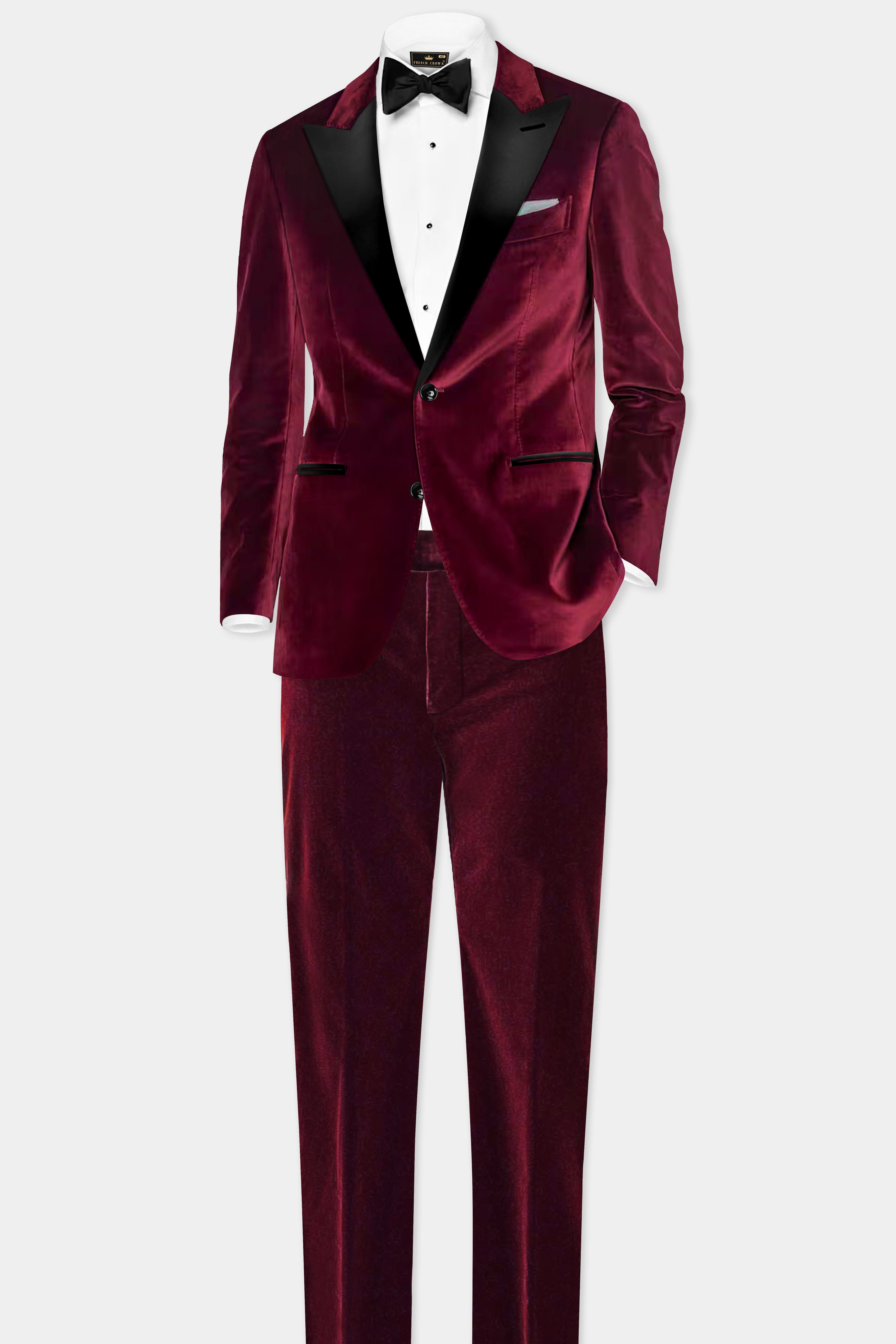 Crimson Opulence-Aubergine Red Velvet Peak Collar Tuxedo Blazer