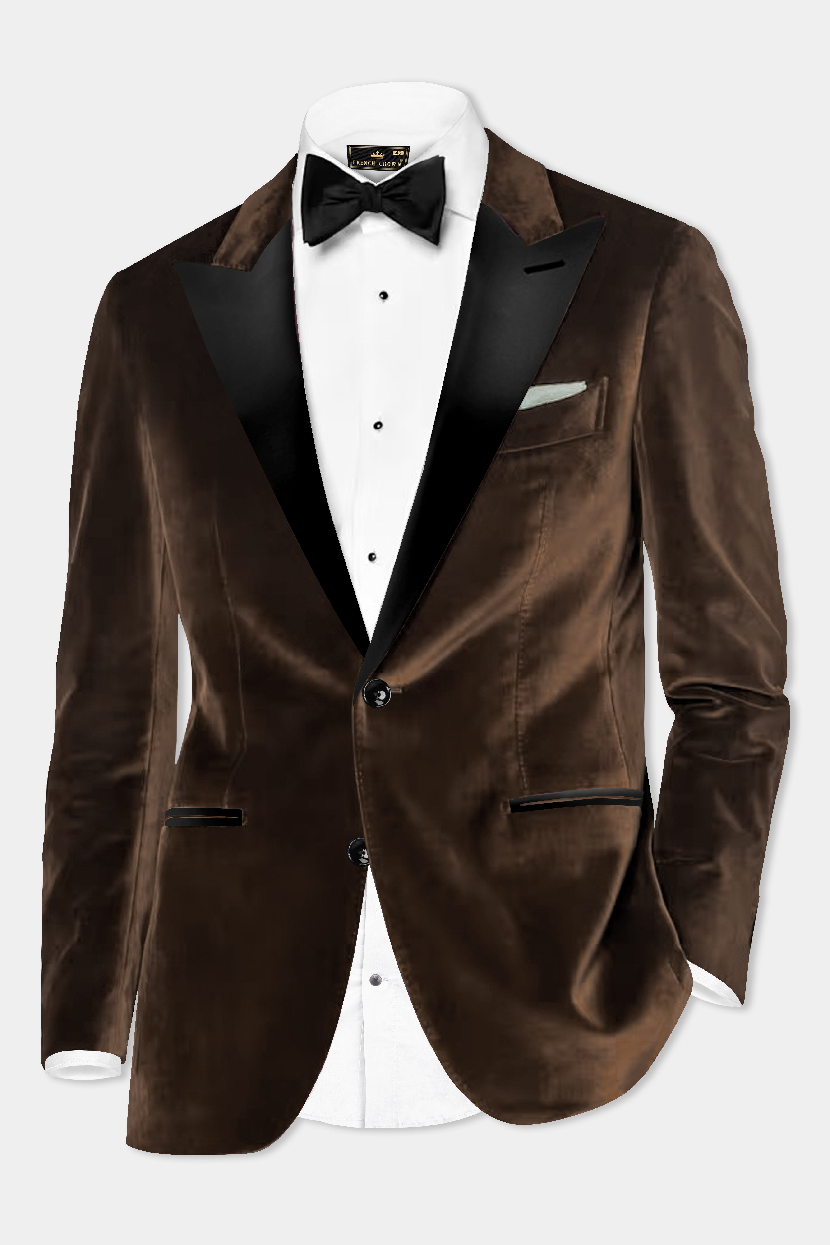 Espresso Elegance-Coffee Bean Velvet Peak Collar Tuxedo Blazer