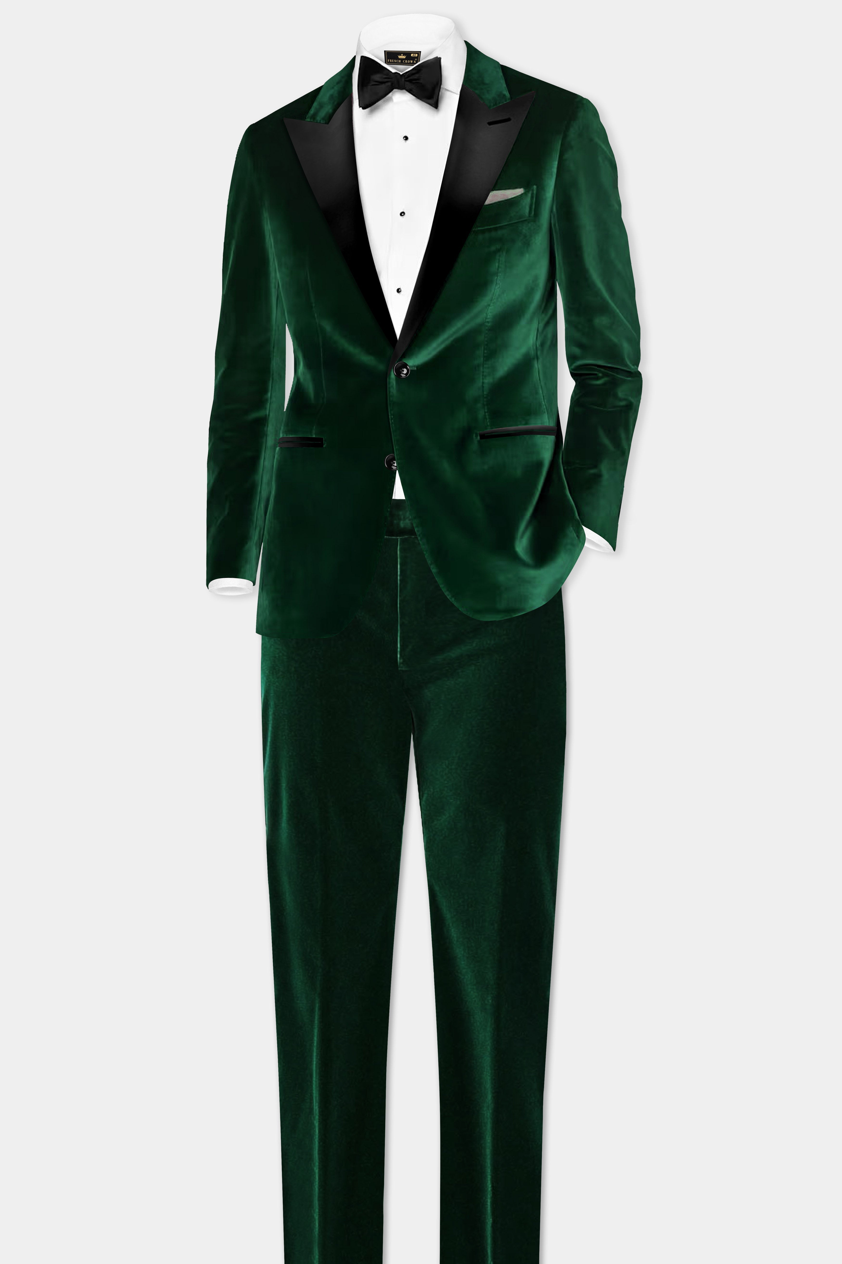 Verdant Majesty-English Holly Green Velvet Peak Collar Tuxedo Blazer