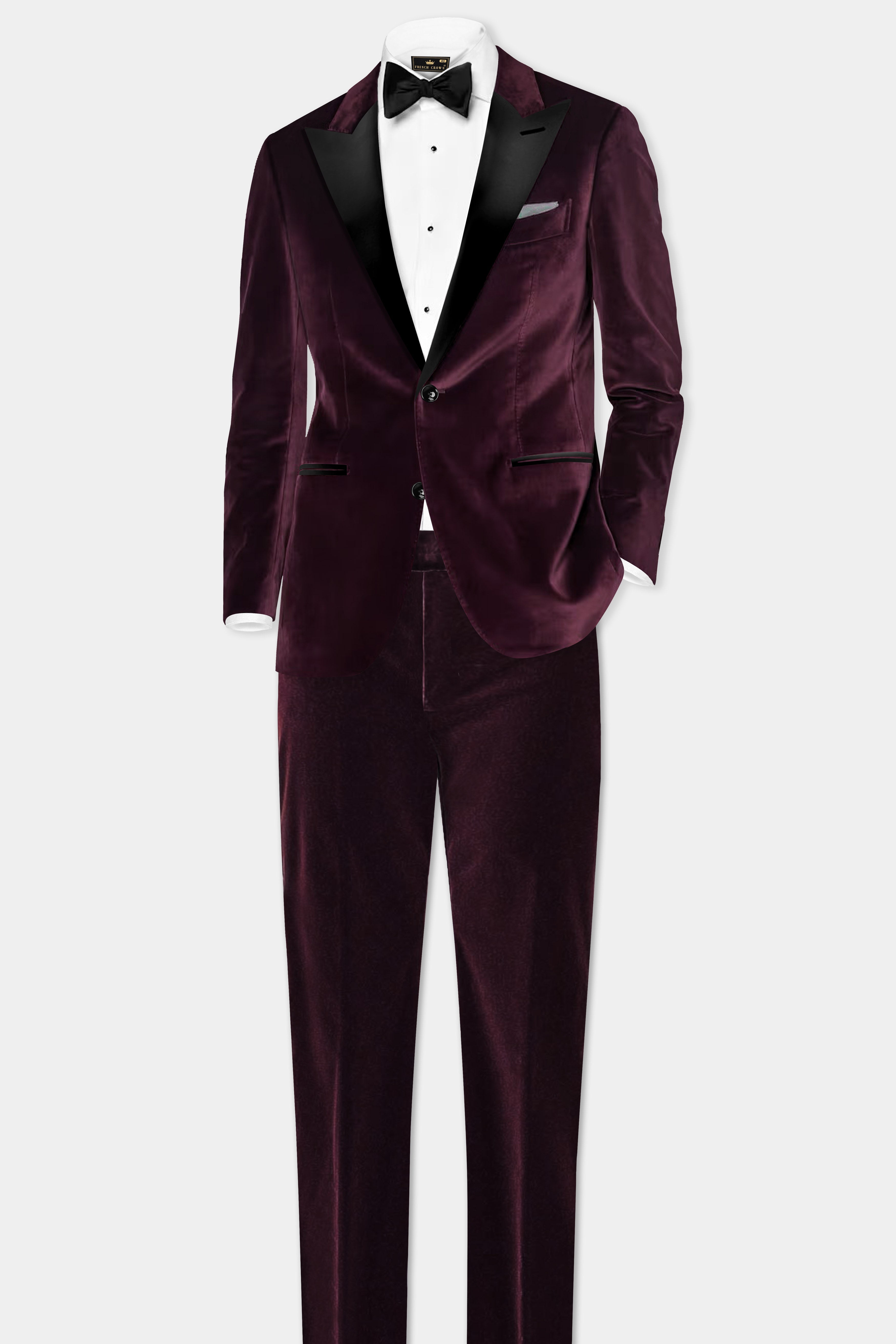 Urban Crimson-Asphalt Maroon Velvet Peak Collar Tuxedo Blazer