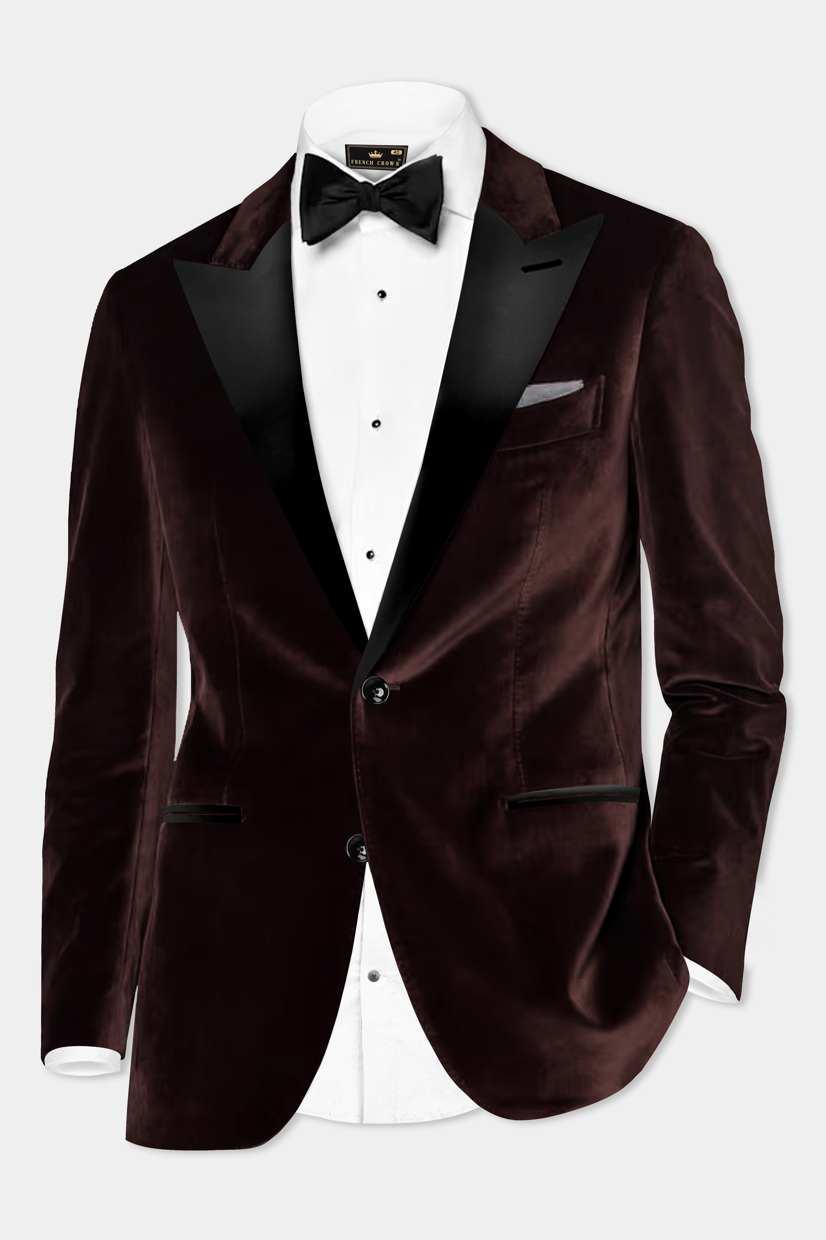 Mahogany Charm-Creole Dark Brown Velvet Peak Collar Tuxedo Blazer