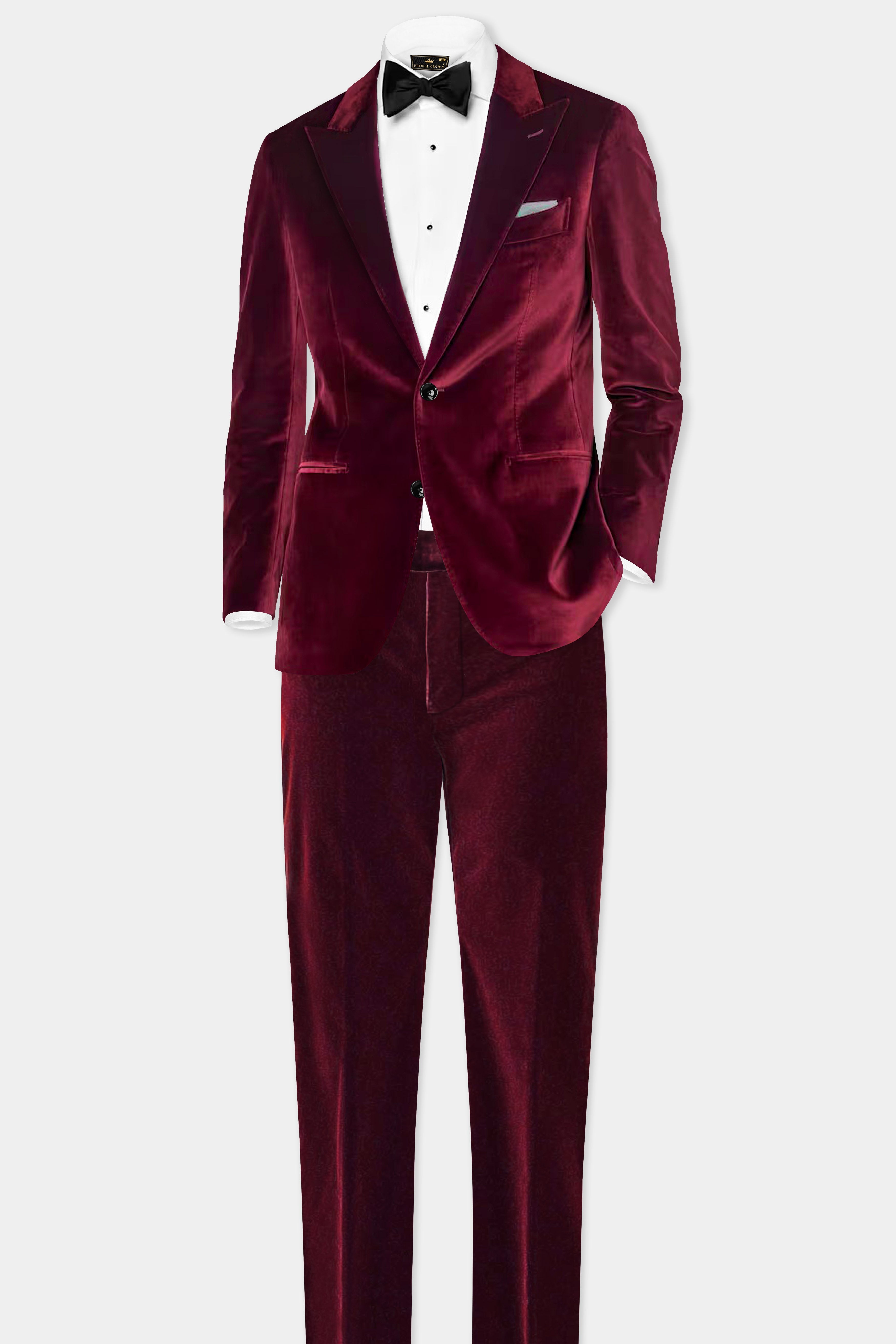 Crimson Opulence-Aubergine Red Velvet Single Breasted Peak lapel Blazer