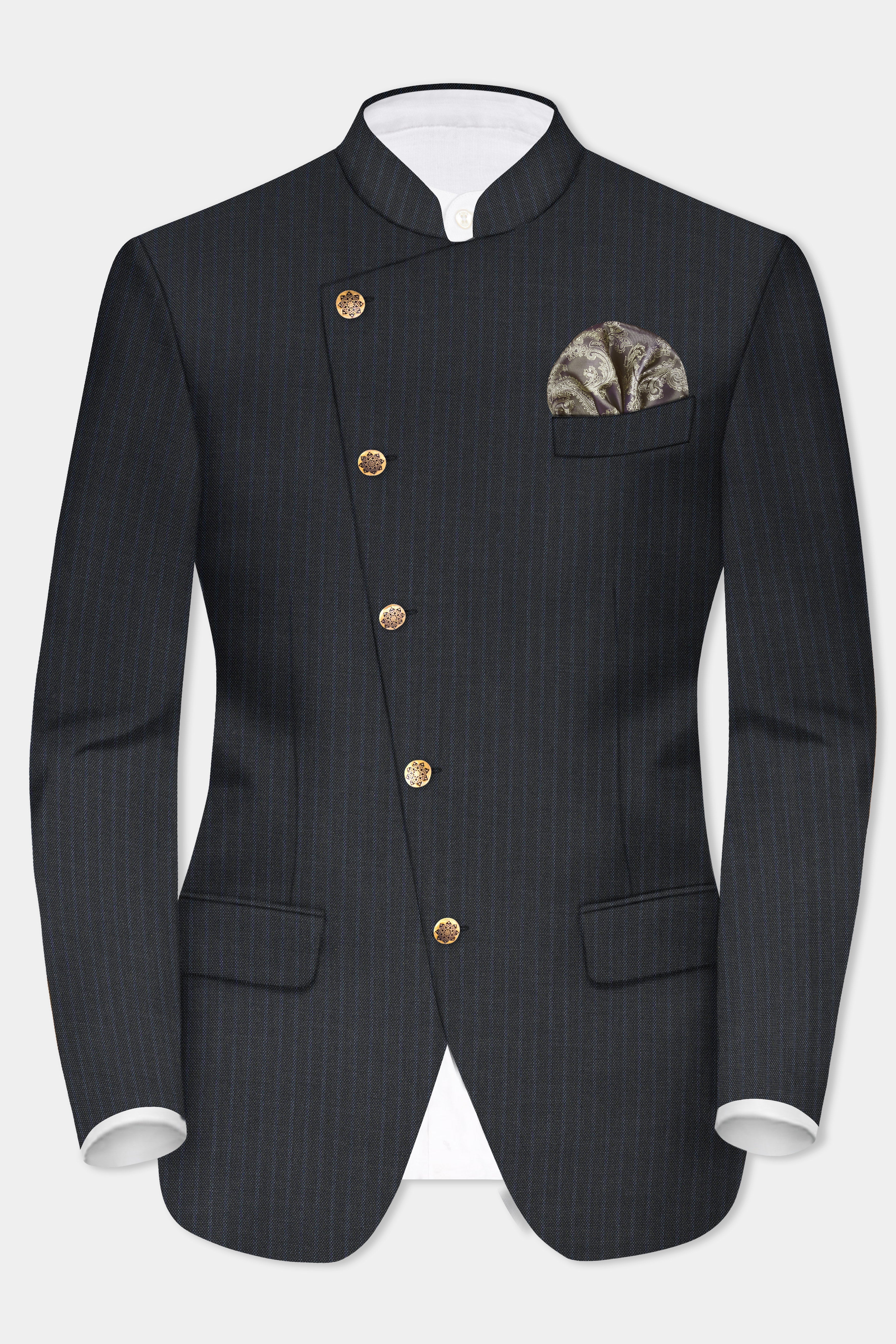 GraphiteSlim-Mine Shaft Gray Stripes Dobby Textured Wool Rich Cross Placket Bandhgala Blazer