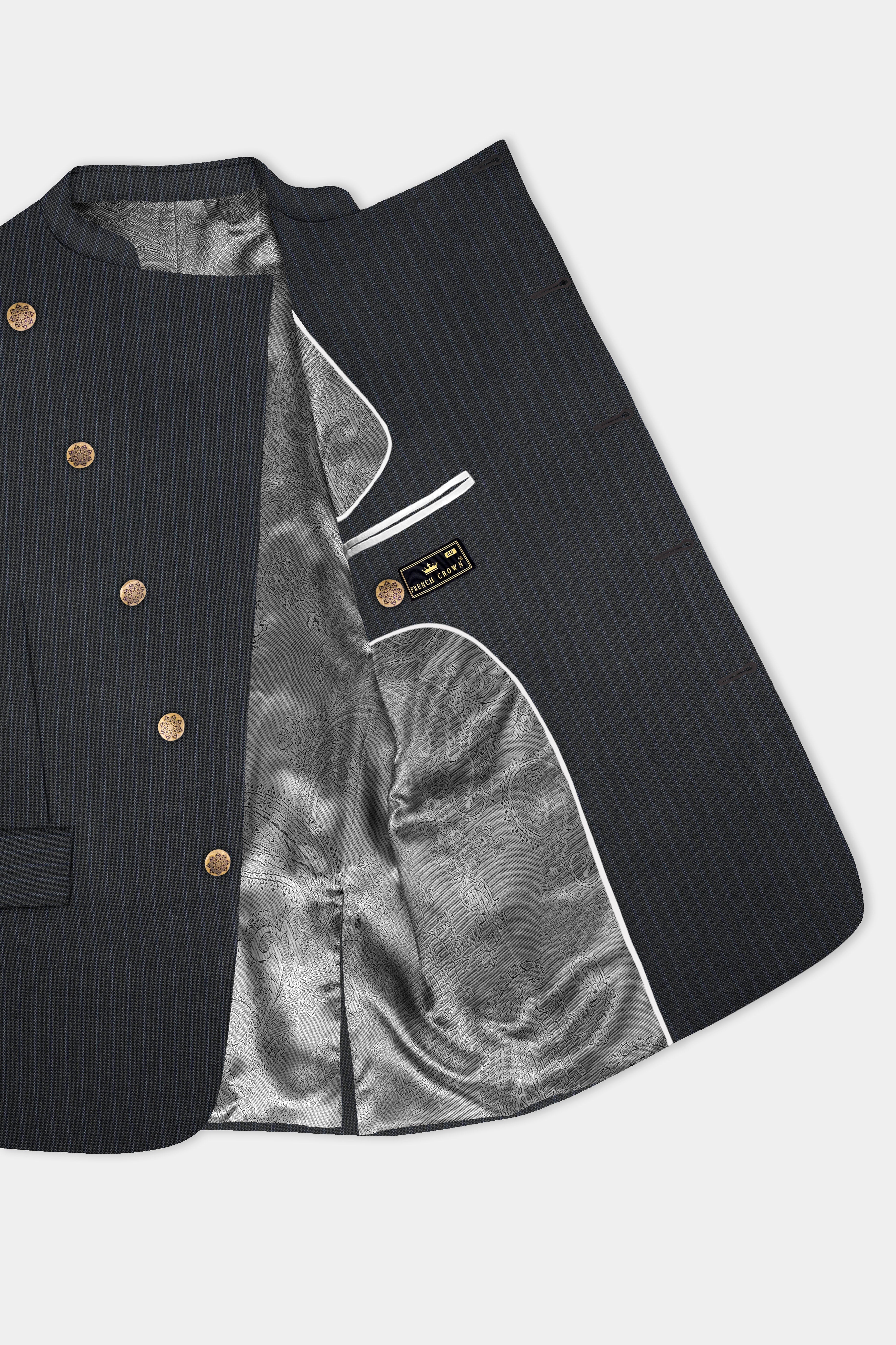 GraphiteSlim-Mine Shaft Gray Stripes Dobby Textured Wool Rich Cross Placket Bandhgala Blazer