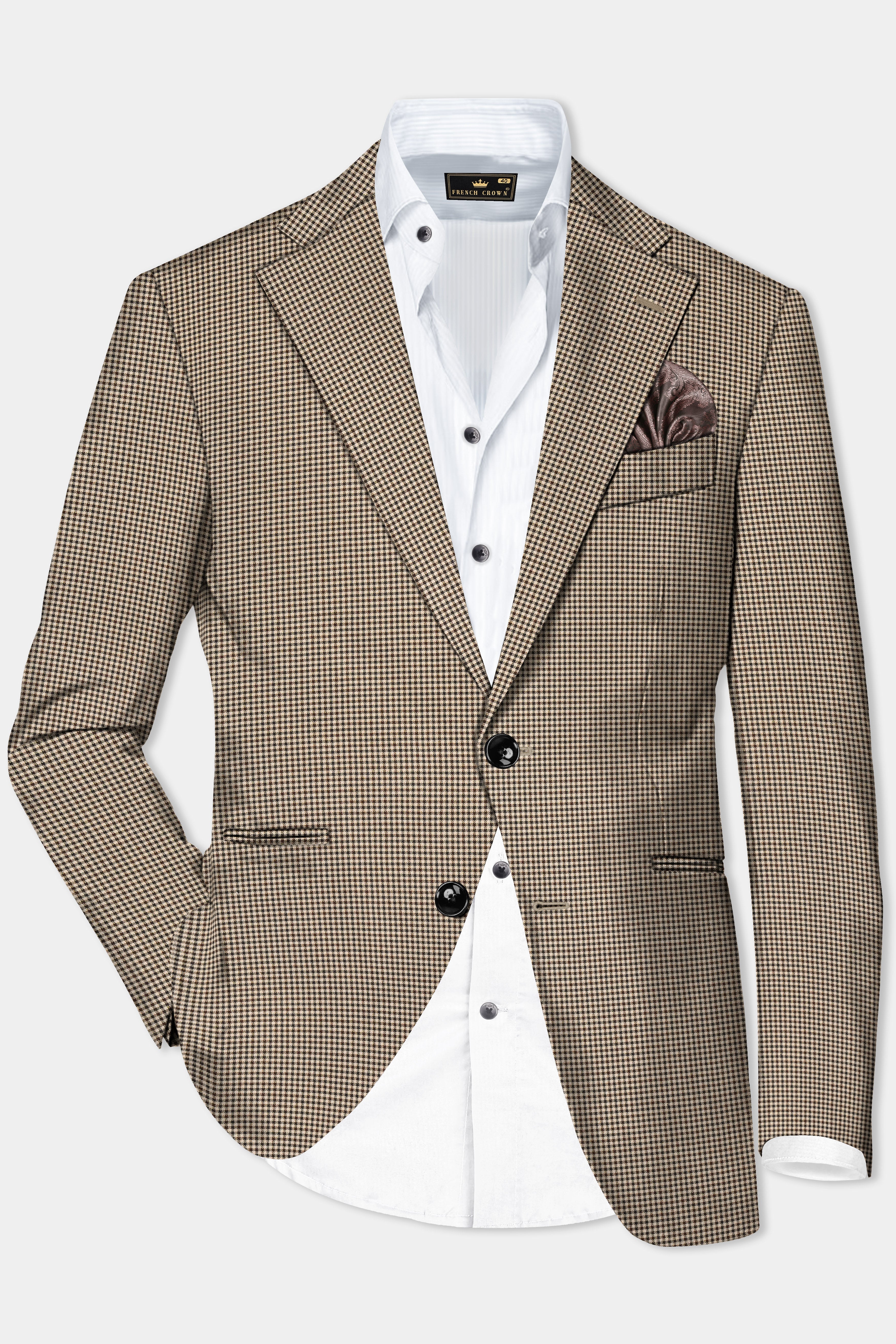 Mocha-Bison Cream And Swirl Brown Gingham Checksed Wool Rich Single Breasted Blazer