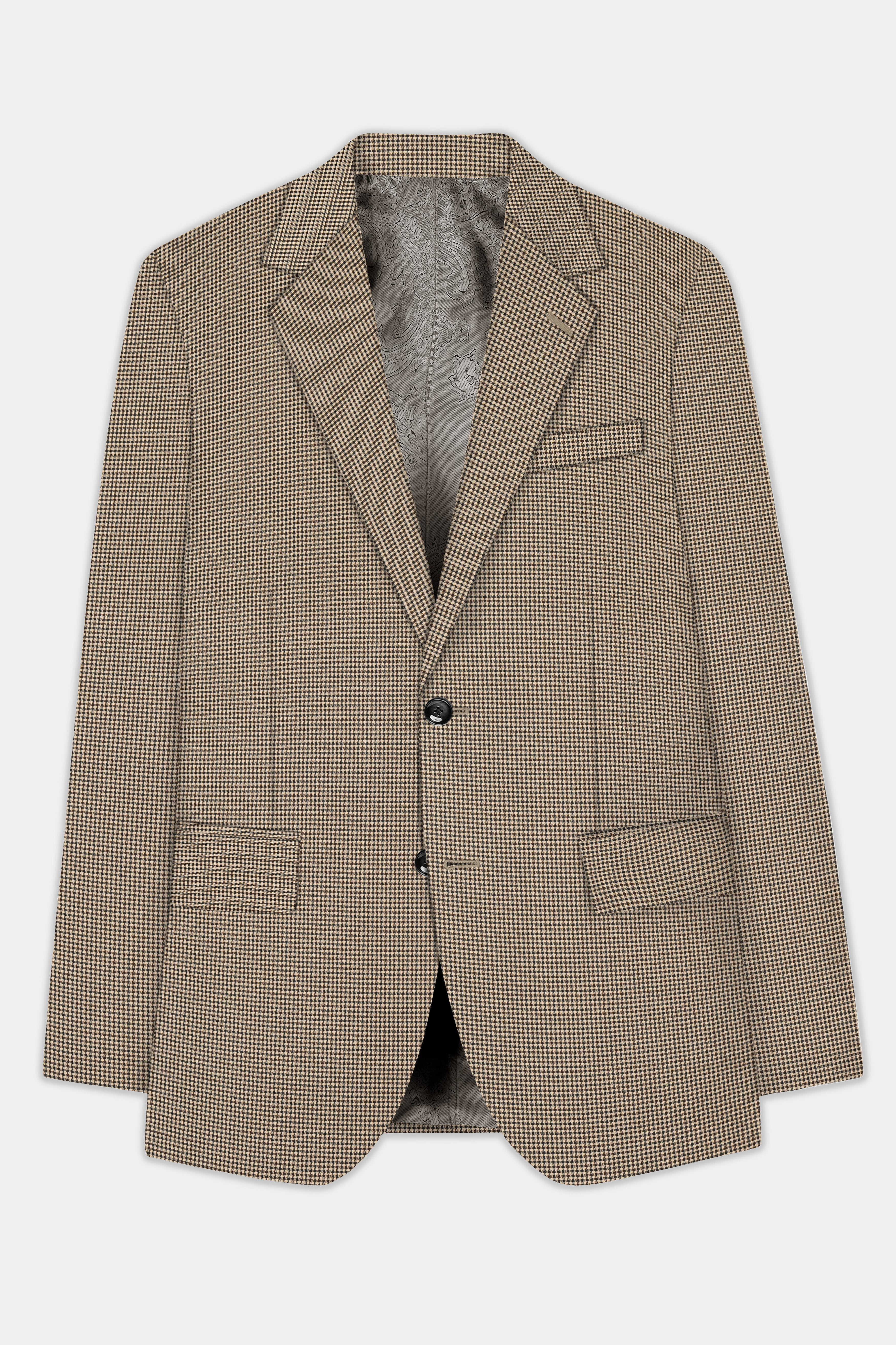 Mocha-Bison Cream And Swirl Brown Gingham Checksed Wool Rich Single Breasted Blazer