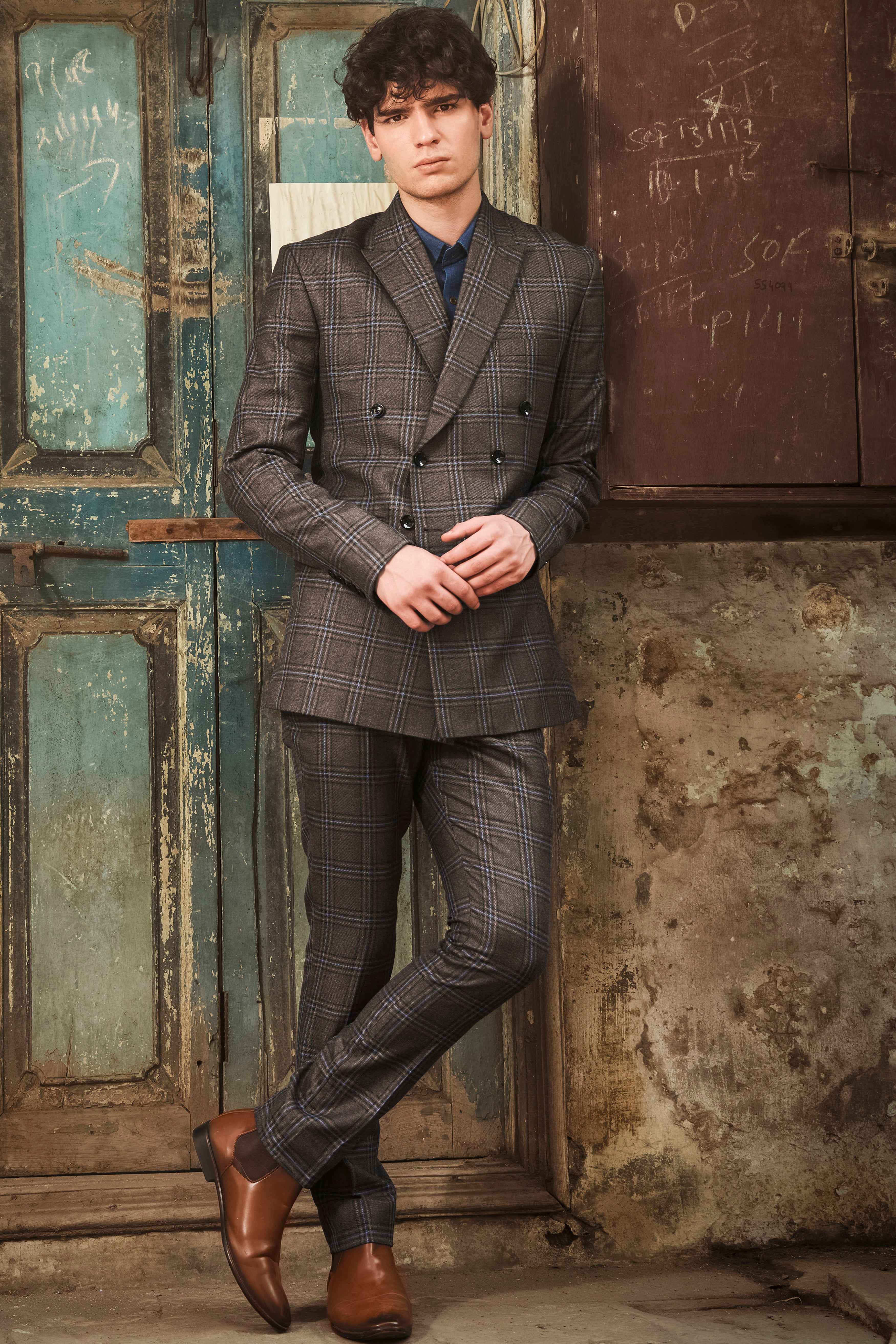 Tweed Crest-Bistre Brown Plaid Double Breasted Blazer