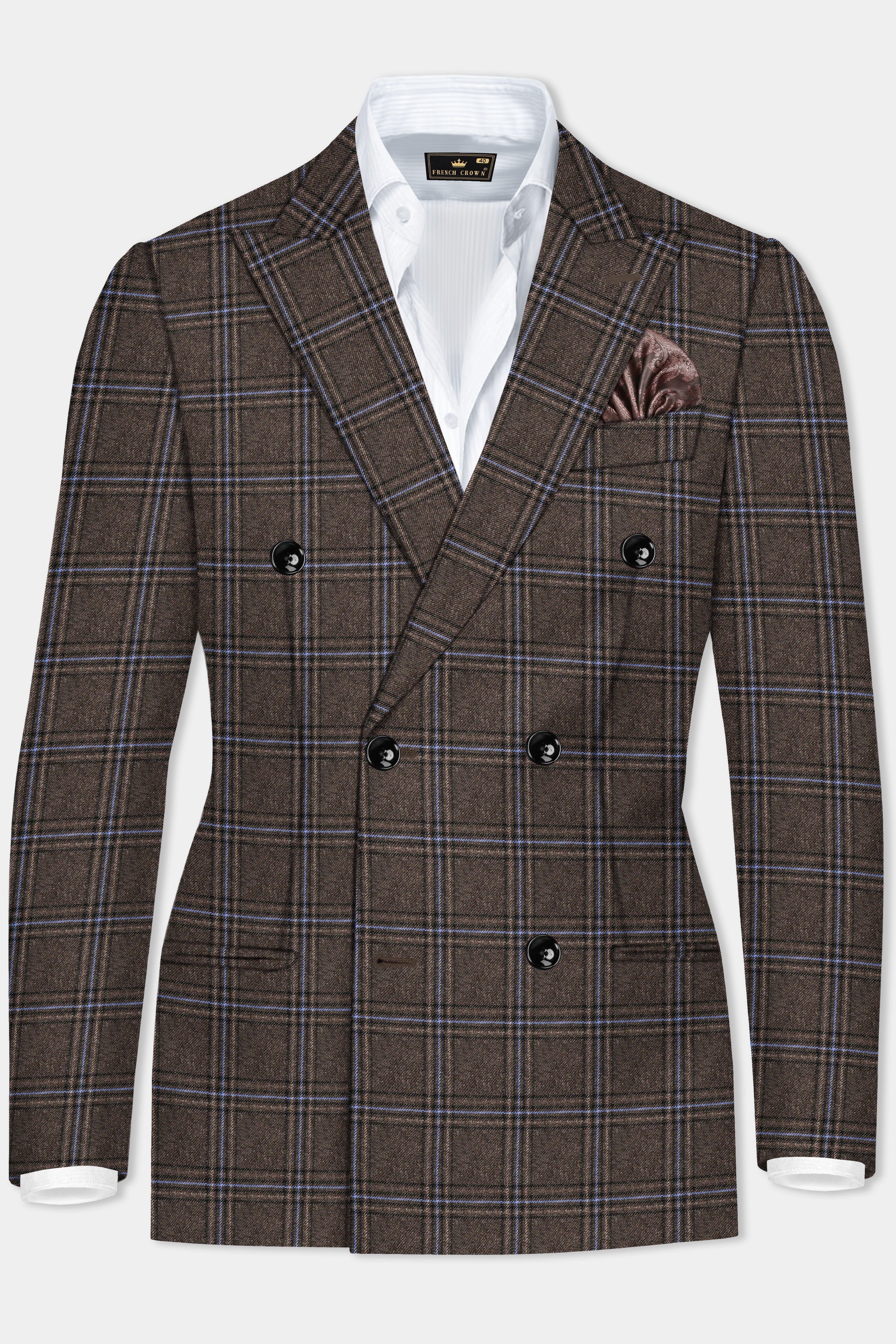 Tweed Crest-Bistre Brown Plaid Double Breasted Blazer