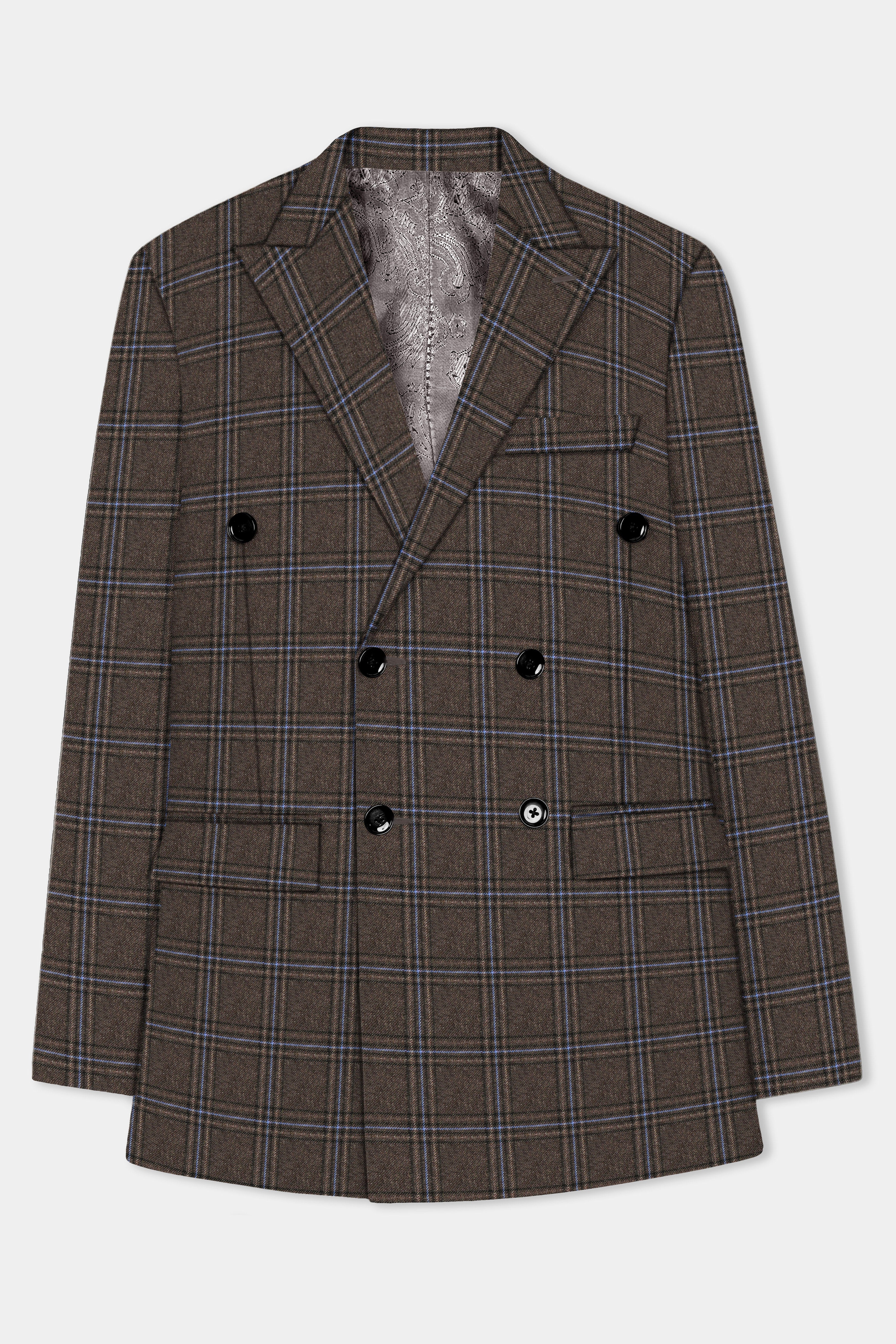 Tweed Crest-Bistre Brown Plaid Double Breasted Blazer