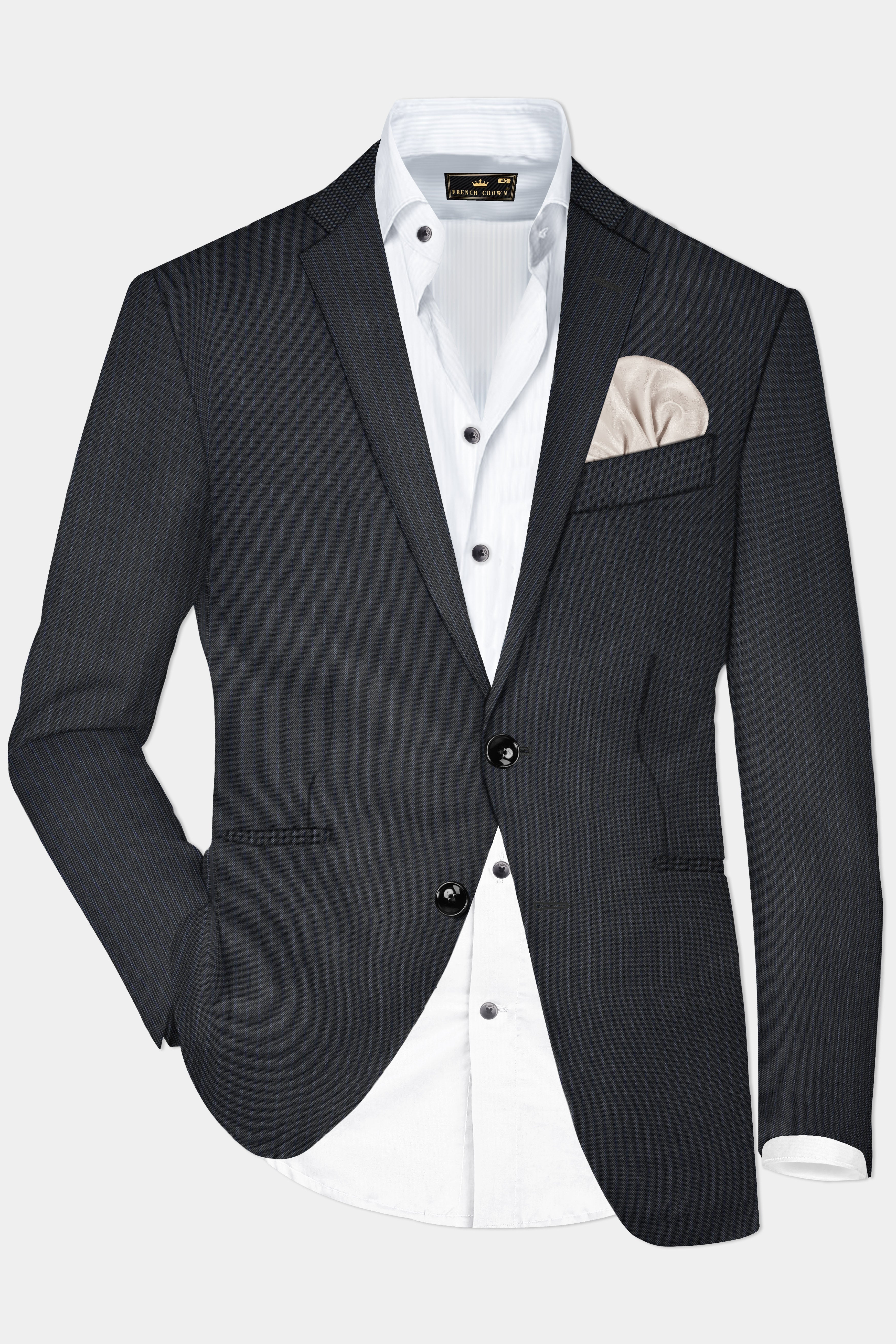 GraphiteSlim-Mine Shaft Gray Stripes Dobby Textured Wool Rich Single Breasted Slim Lapel Blazer