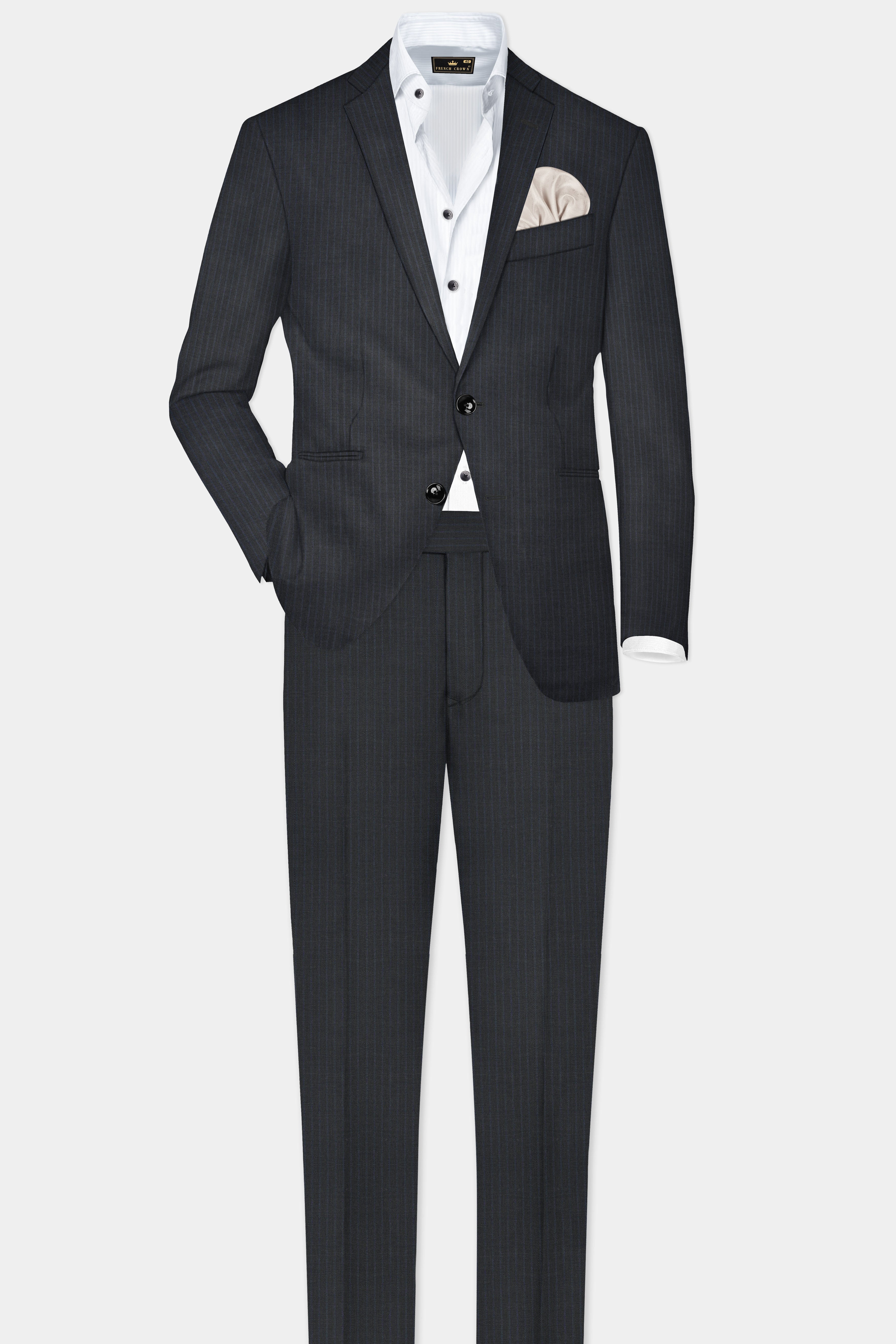 GraphiteSlim-Mine Shaft Gray Stripes Dobby Textured Wool Rich Single Breasted Slim Lapel Blazer