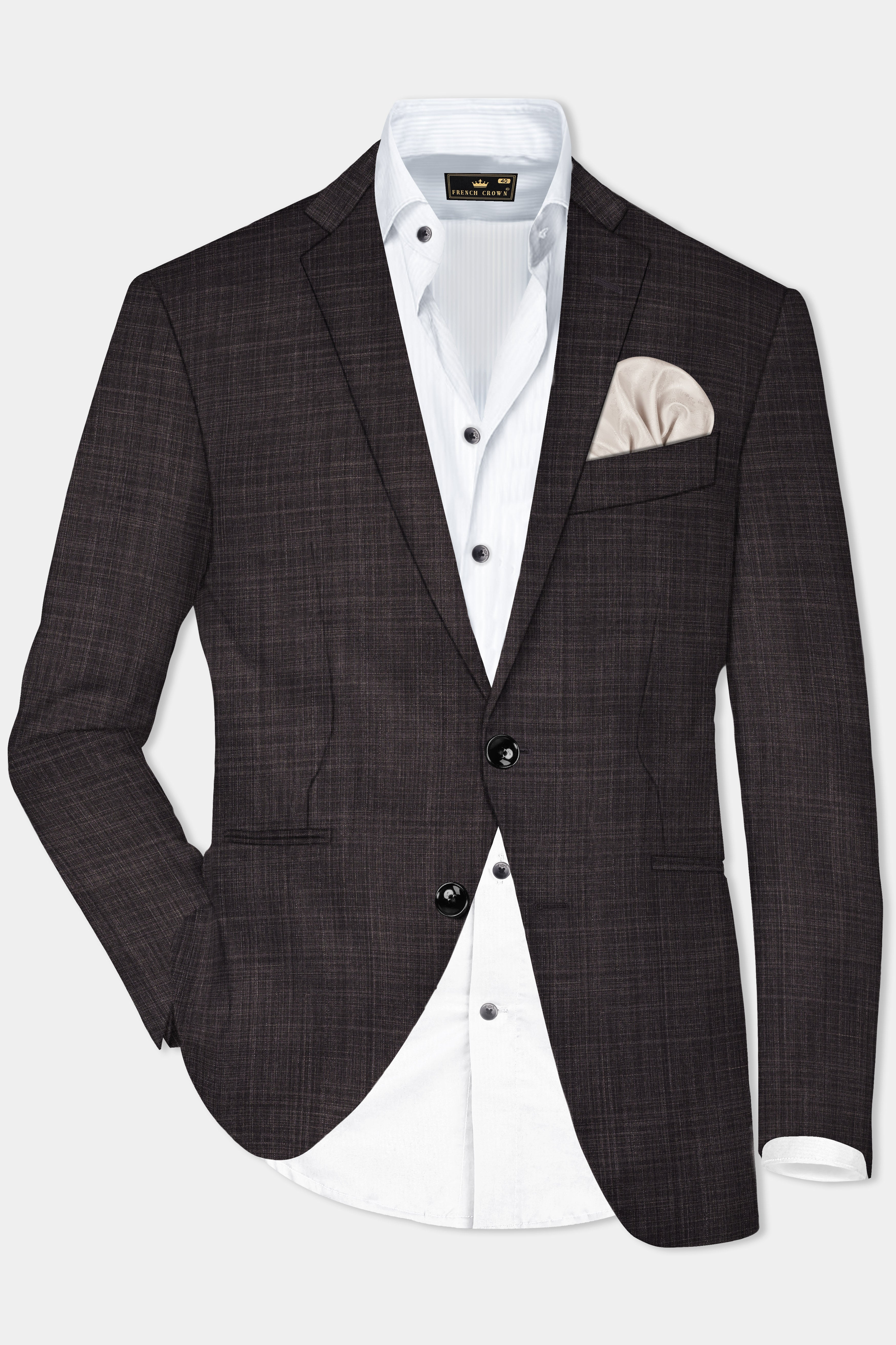 CaféNoir-Piano Brown Textured Wool Rich Single Breasted Slim Lapel Blazer