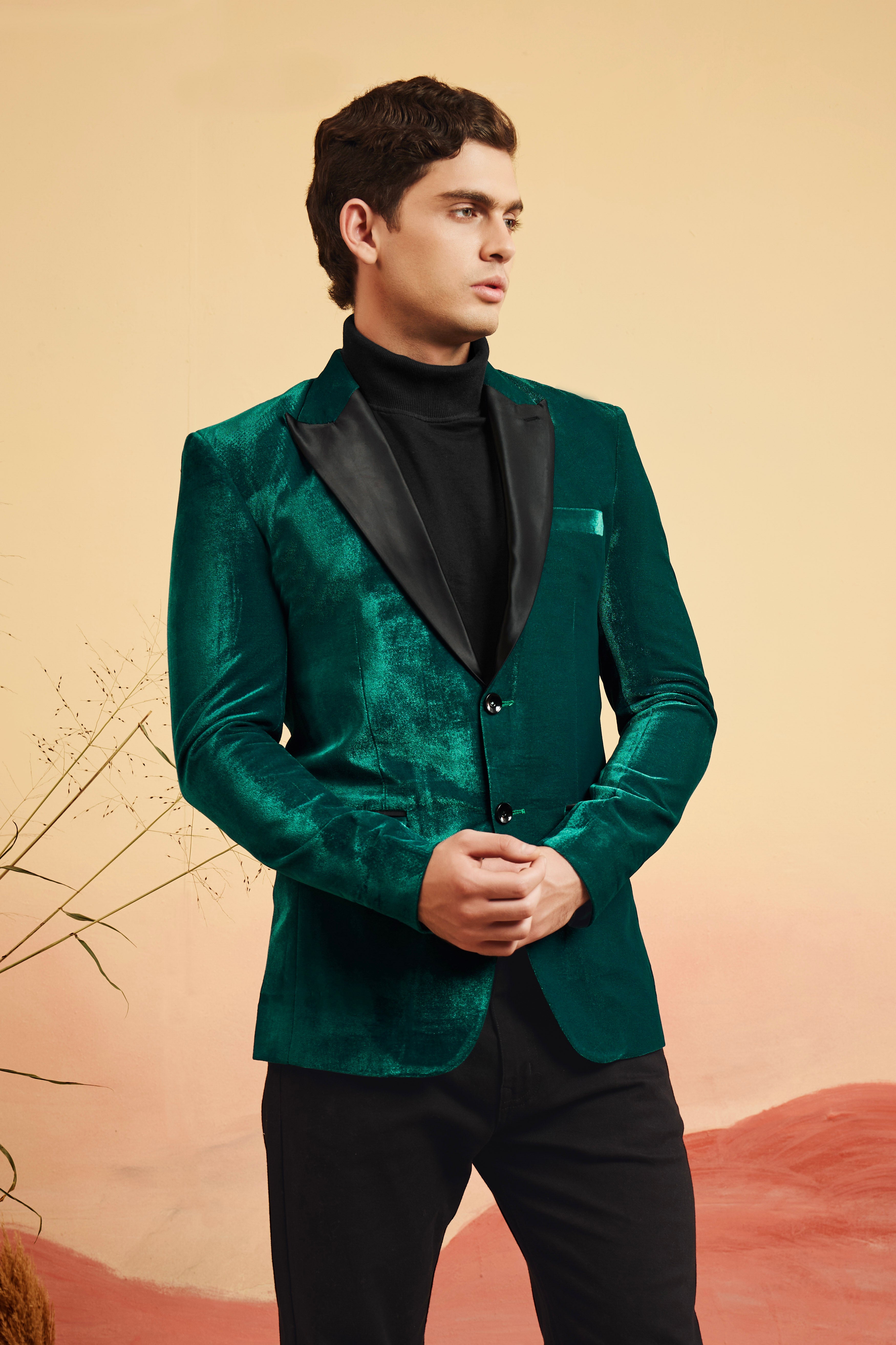 Emerald-Daintree Green Textured Velvet Peak Collar Tuxedo Blazer