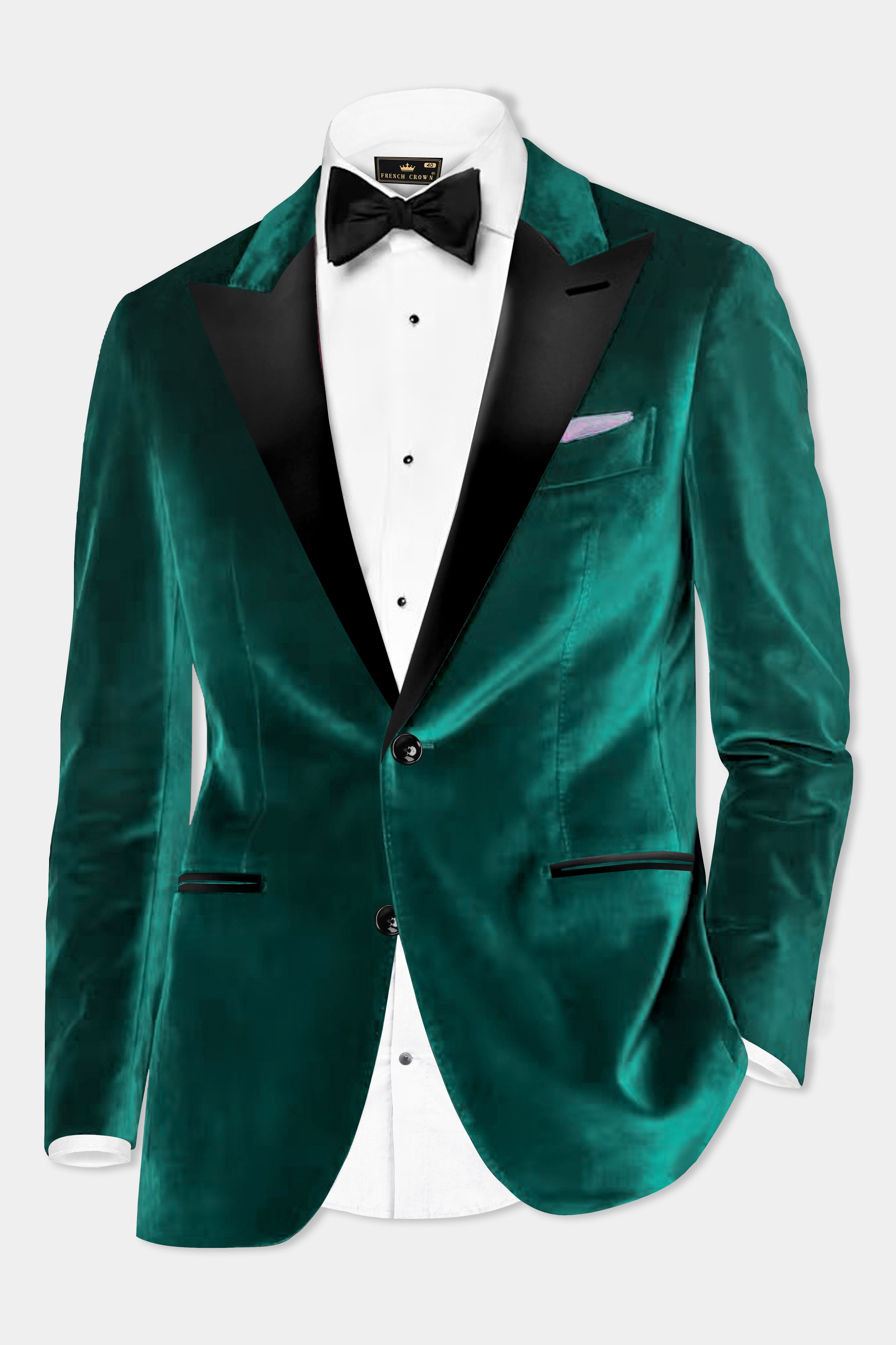 Emerald-Daintree Green Textured Velvet Peak Collar Tuxedo Blazer