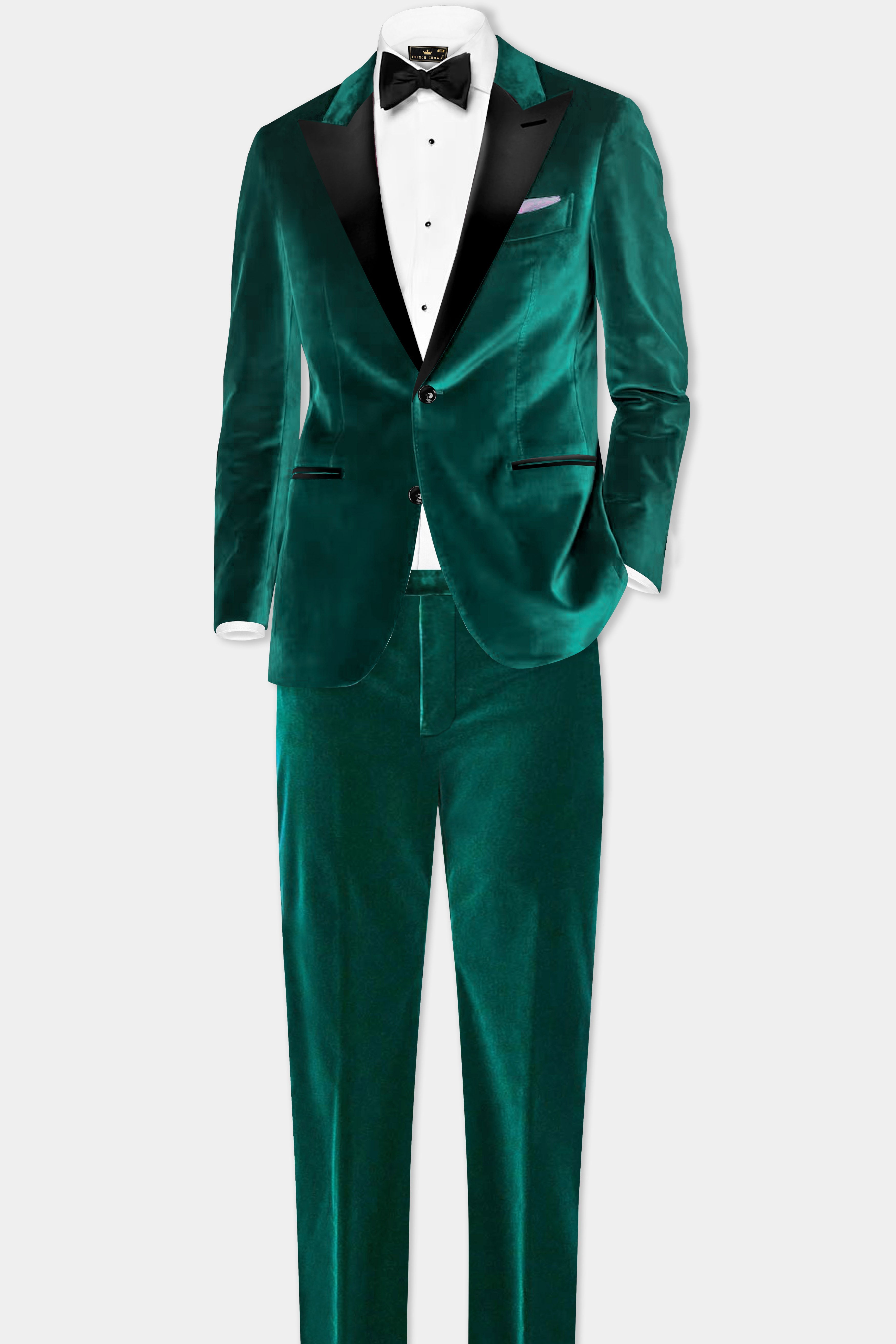 Emerald-Daintree Green Textured Velvet Peak Collar Tuxedo Blazer