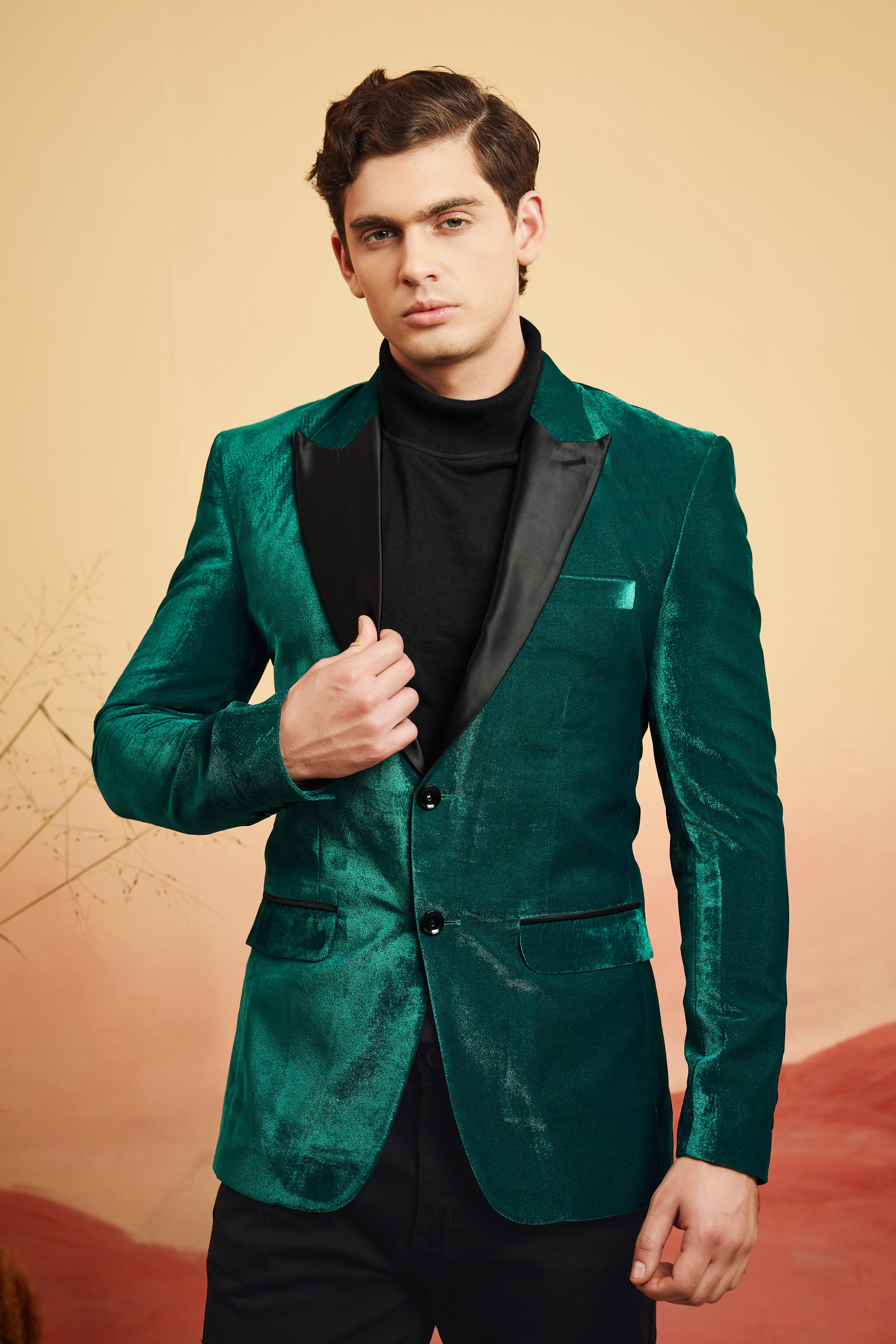 Emerald-Daintree Green Textured Velvet Peak Collar Tuxedo Blazer