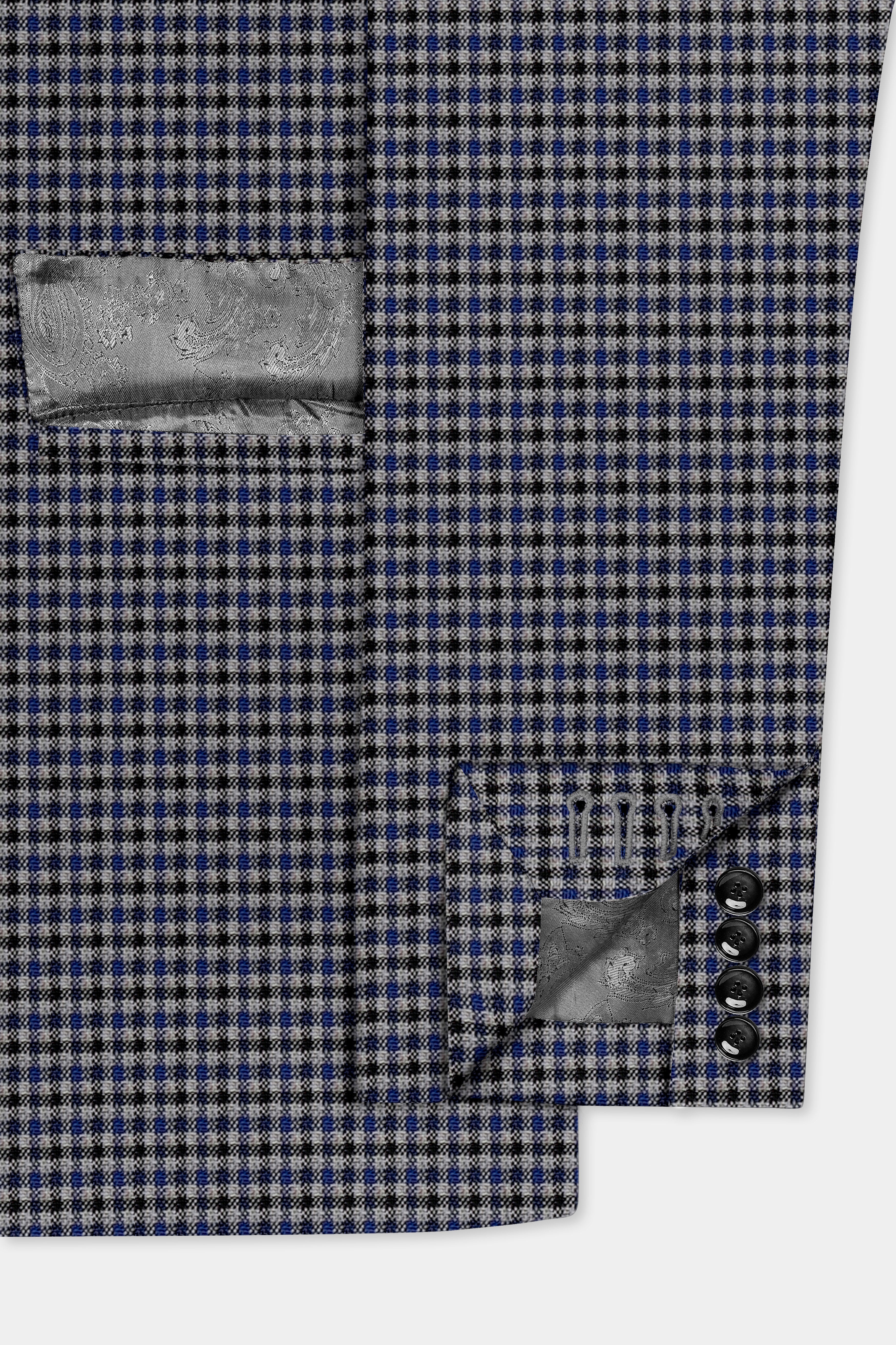 Titan-Downriver Blue And Piano Gray Gingham Checked Wool Rich Double Breasted Blazer