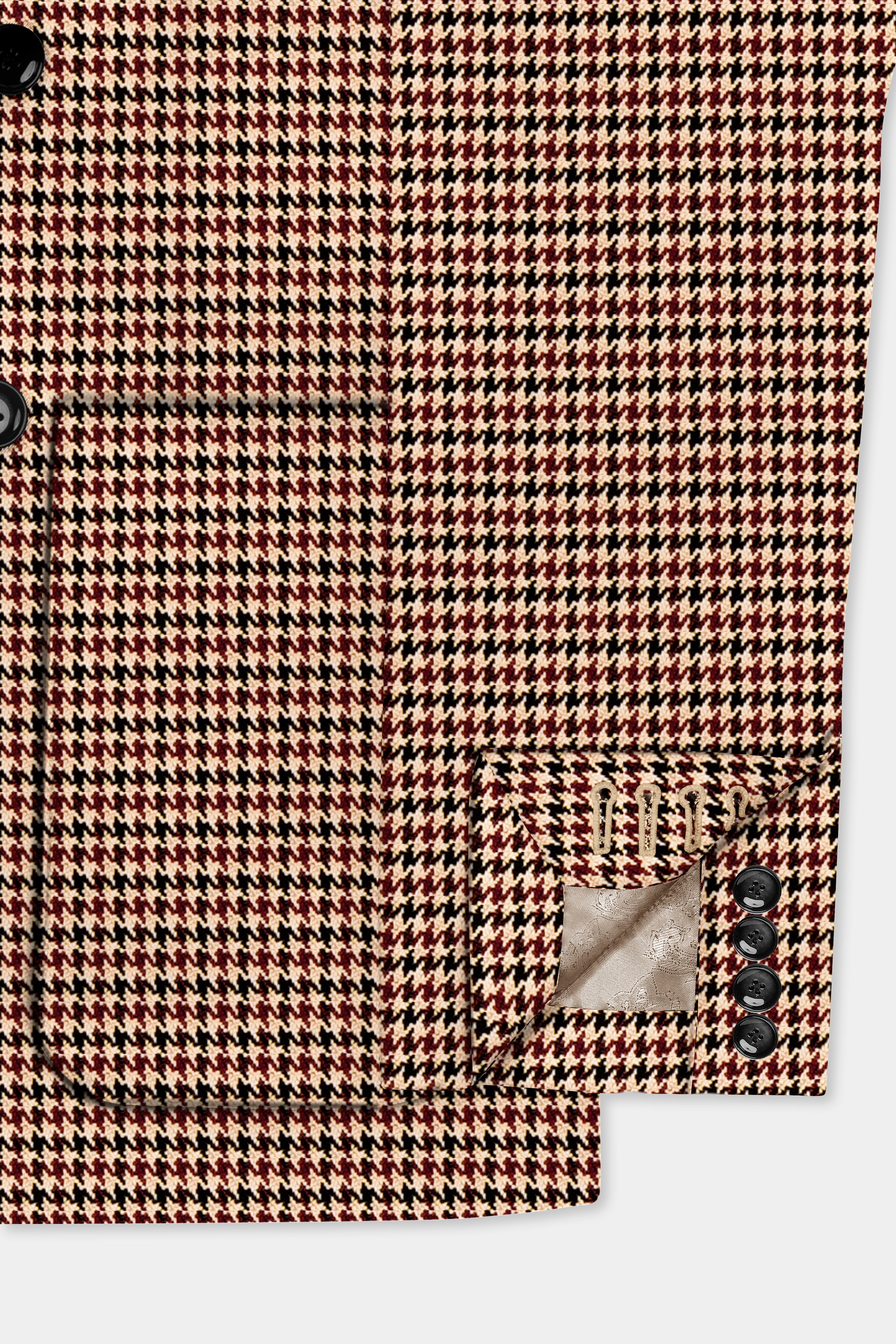 Majestic Rouge-Lotus Red And Almond Cream houndstooth Textured Wool Rich Double Breasted Sports Blazer