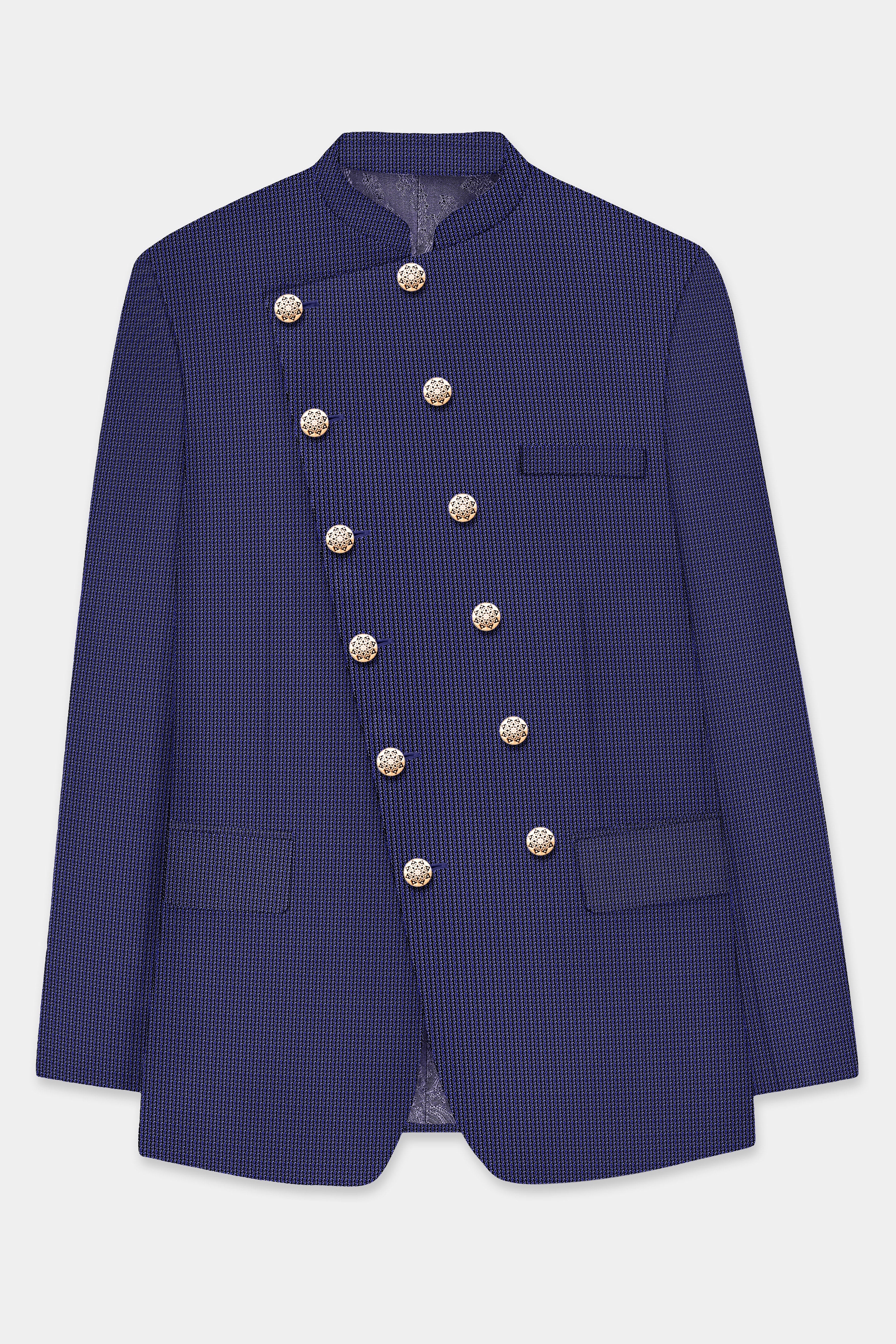 Azure Crest-Topaz Blue houndstooth Textured Wool Rich Cross Placket Bandhgala Blazer