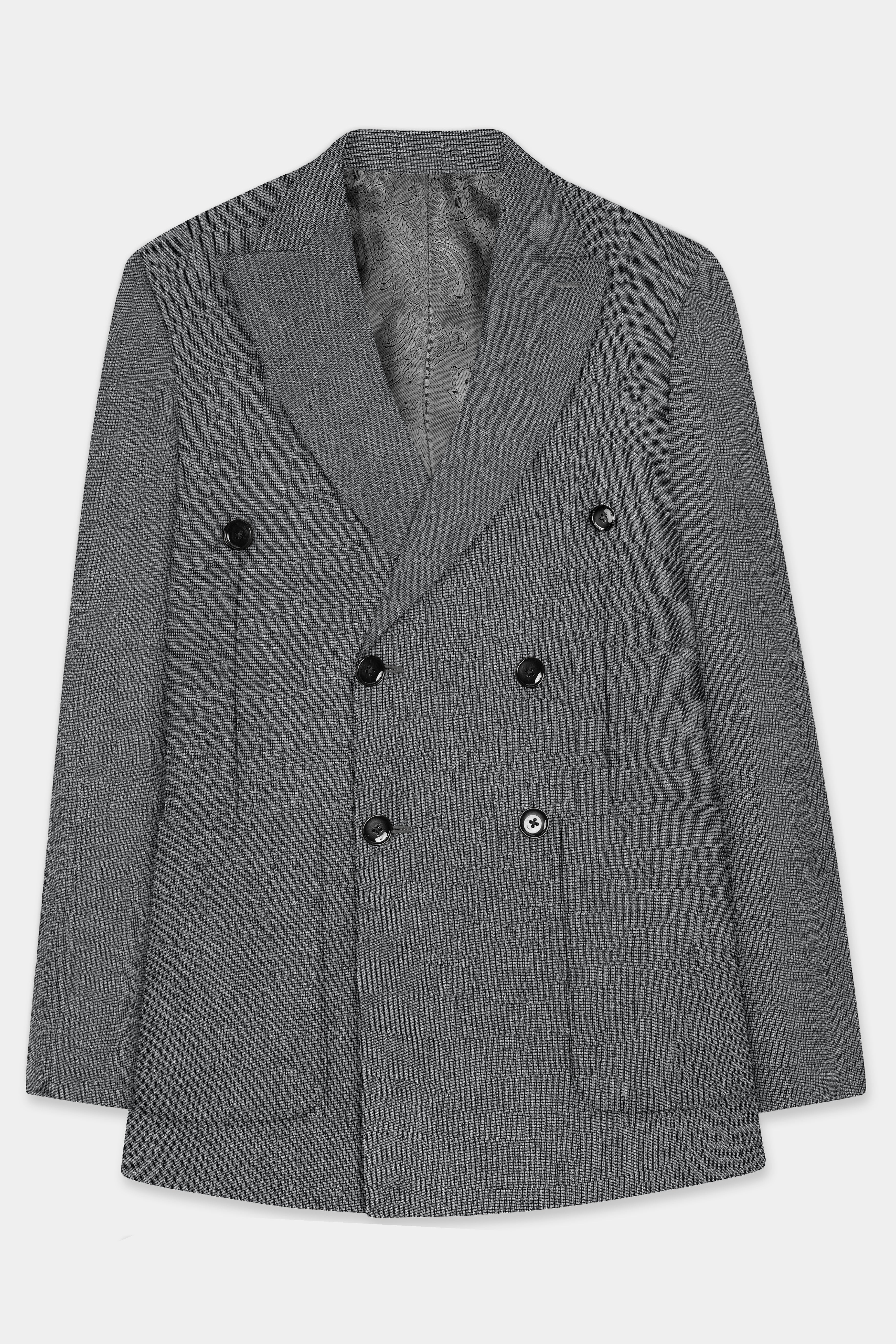 Obsidian-Vampire Gray Textured Wool Rich Double Breasted Sports Blazer