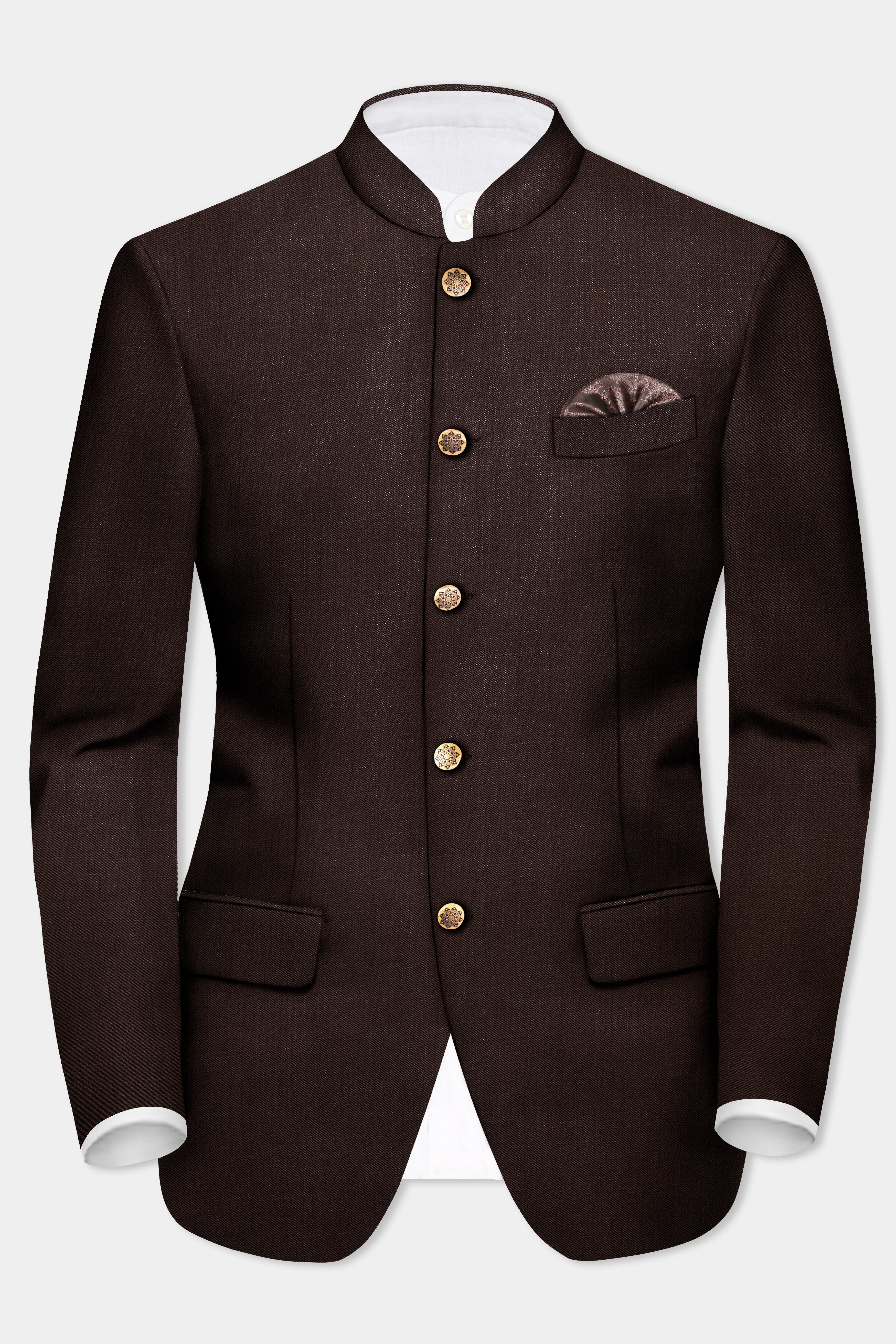 Espresso-Hickory Brown Solid Wool Rich Bandhgala Blazer