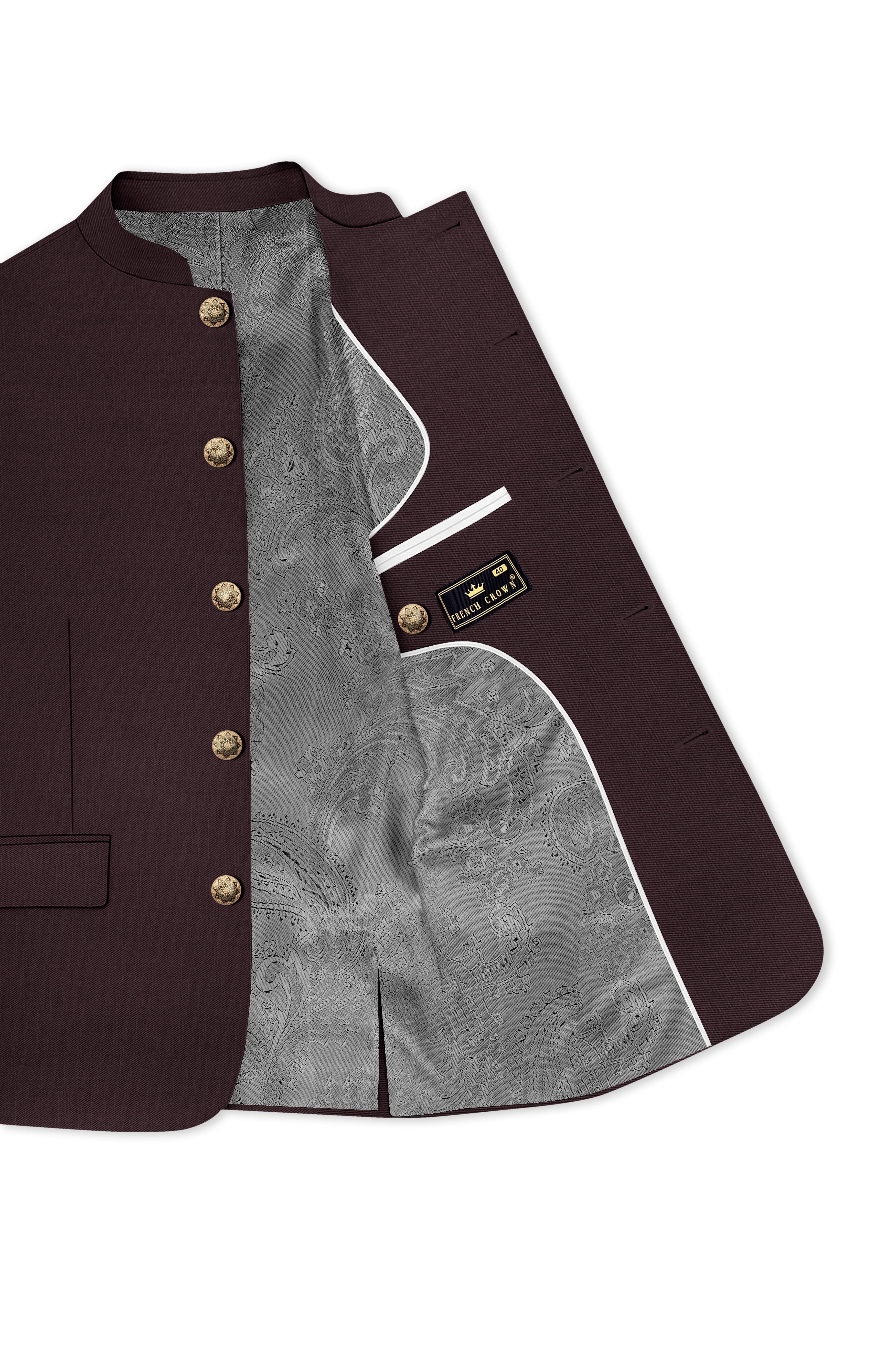 Espresso-Hickory Brown Solid Wool Rich Bandhgala Slight Stretch Blazer