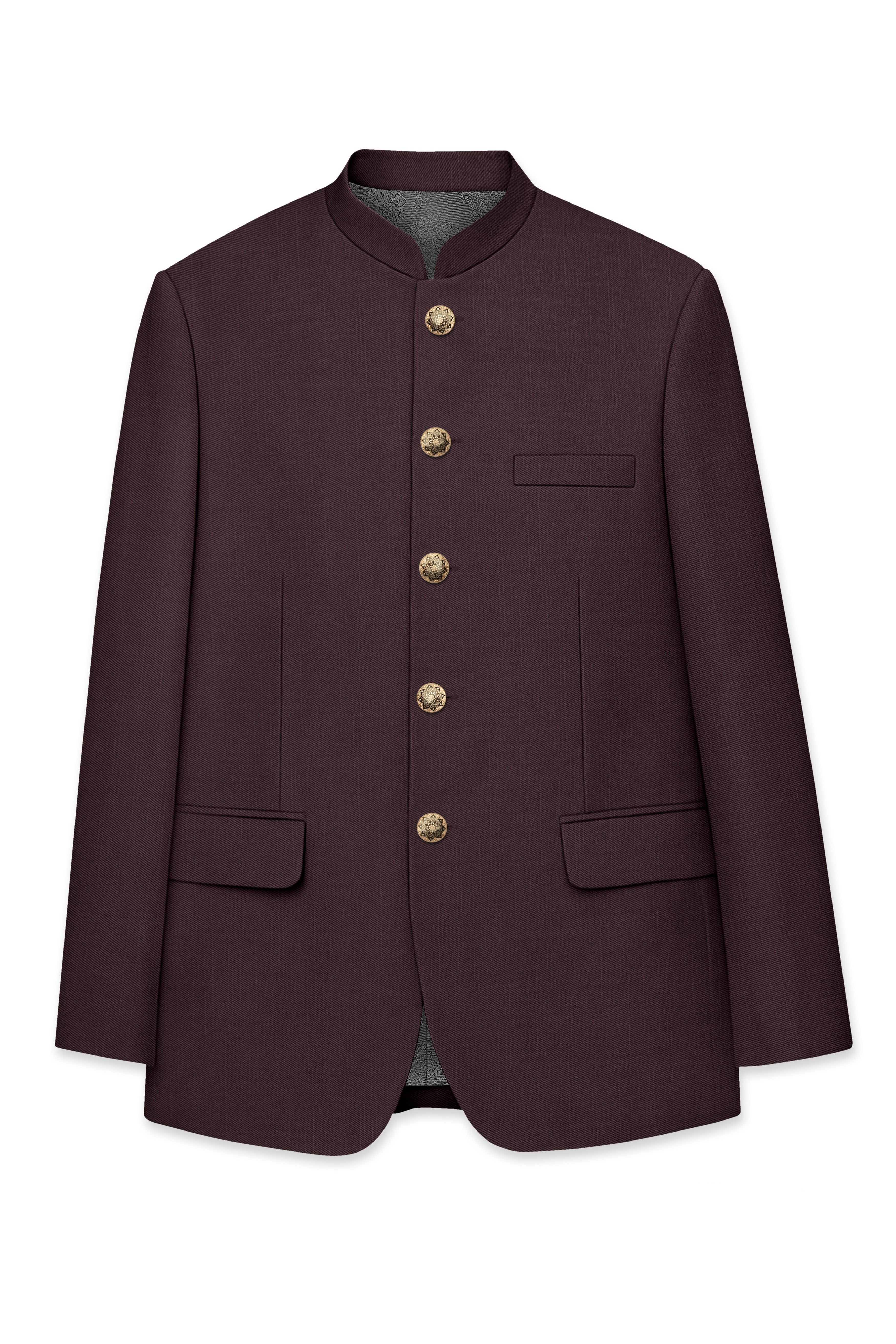 Espresso-Hickory Brown Solid Wool Rich Bandhgala Slight Stretch Blazer