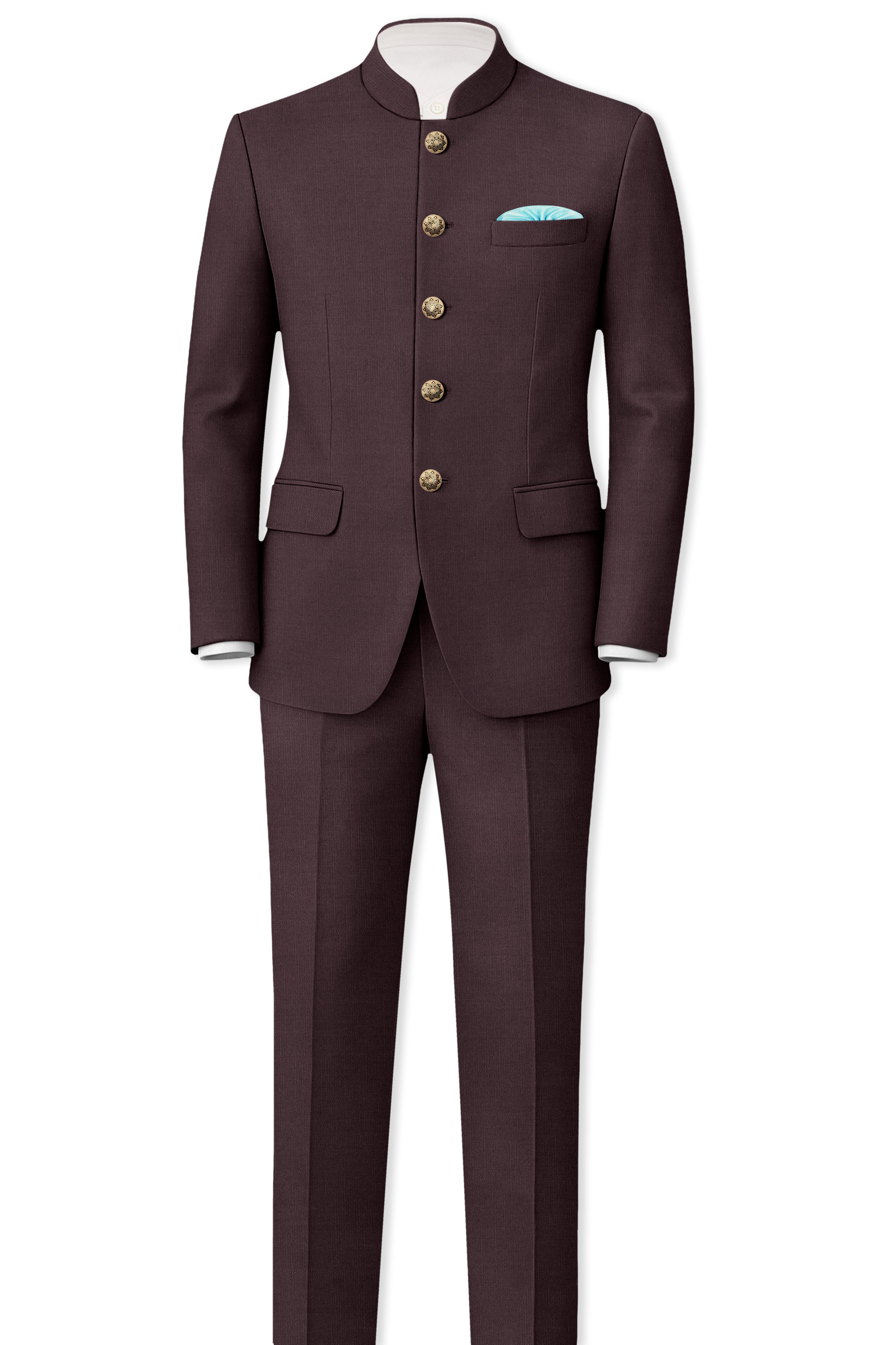 Espresso-Hickory Brown Solid Wool Rich Bandhgala Slight Stretch Blazer