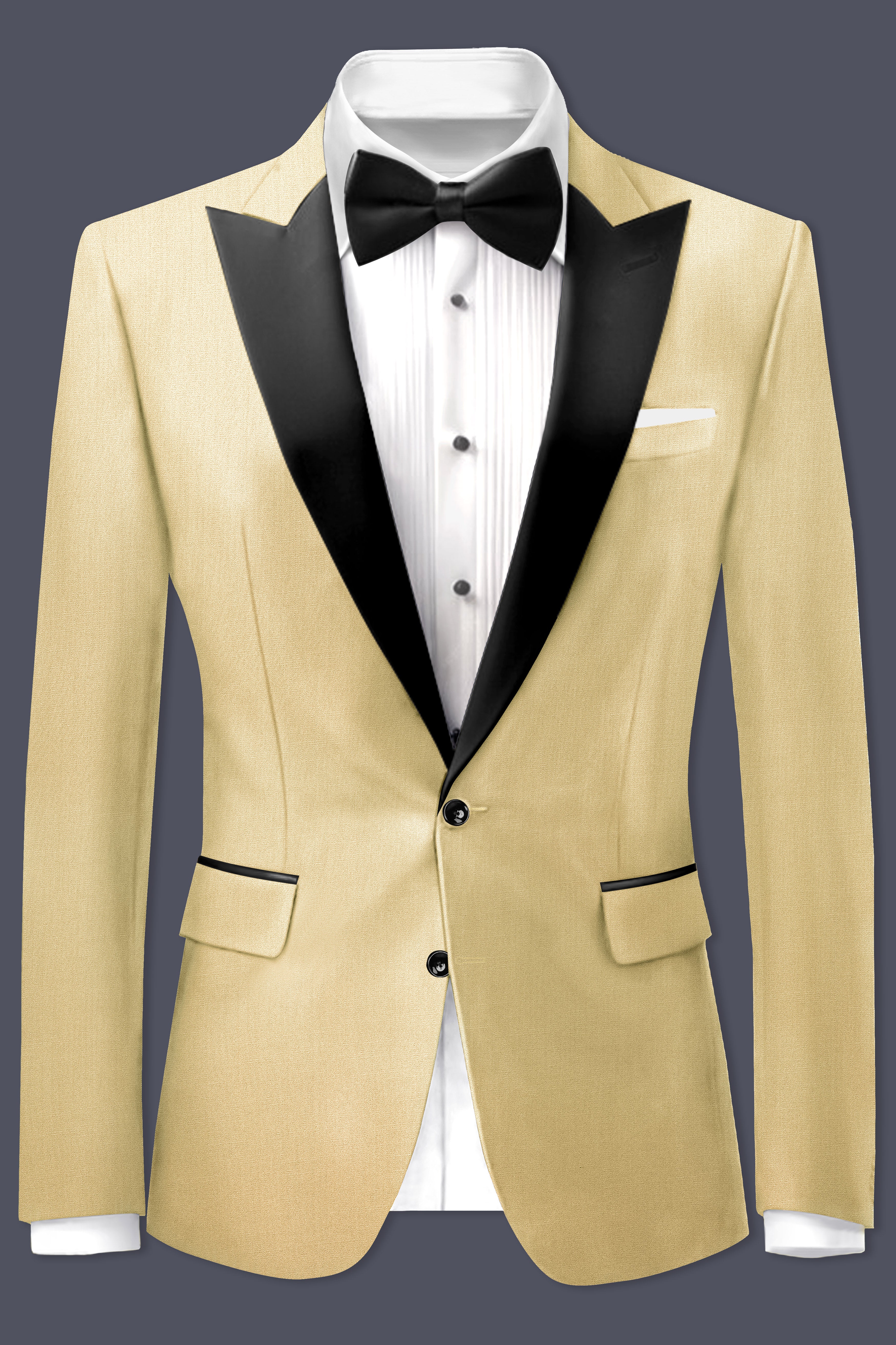 Ecru Classic-Pavlova Cream Solid Wool Rich Peak Lapel Tuxedo Blazer