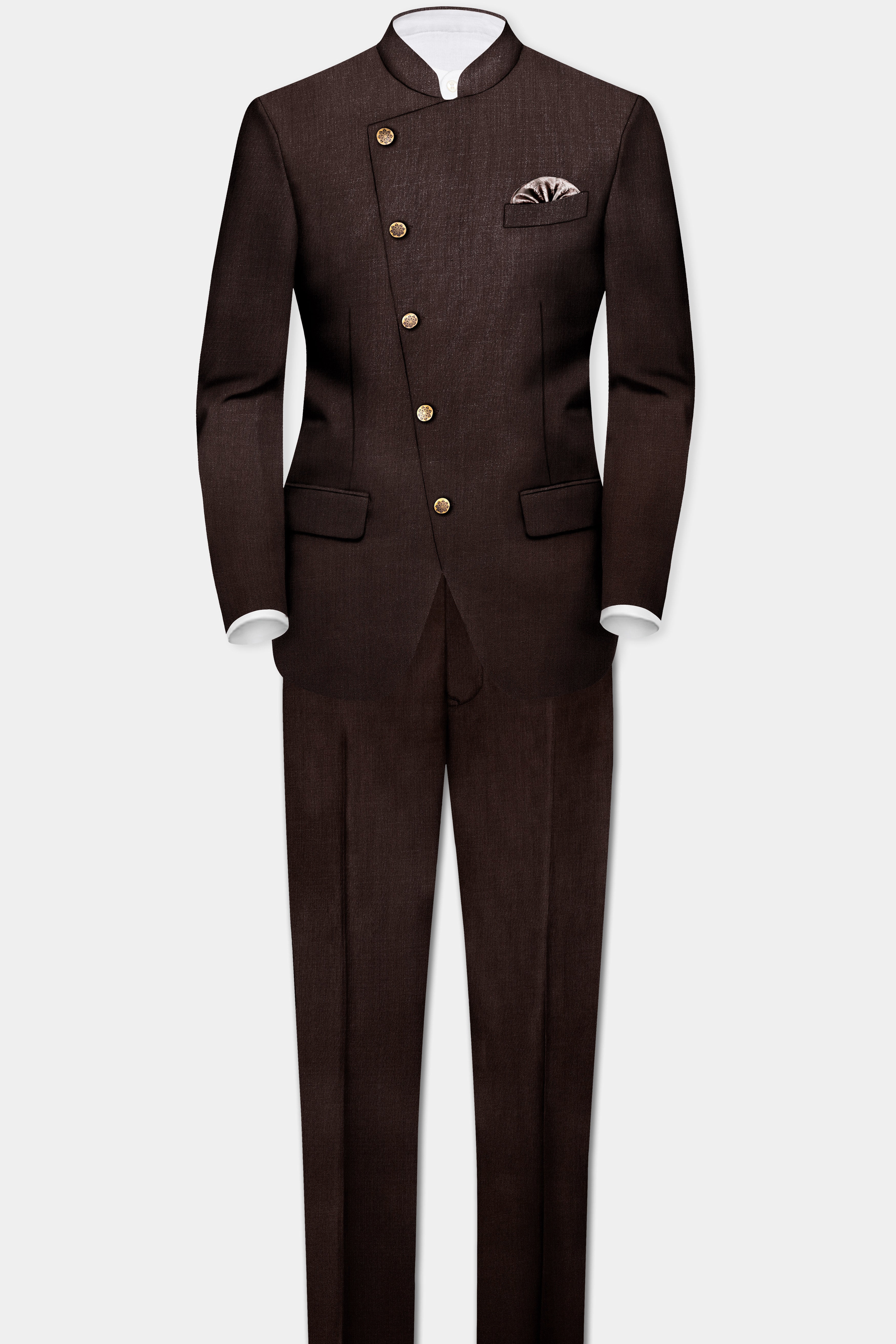 Espresso-Hickory Brown Solid Wool Rich Cross Placket Bandhgala Slight Stretch Blazer