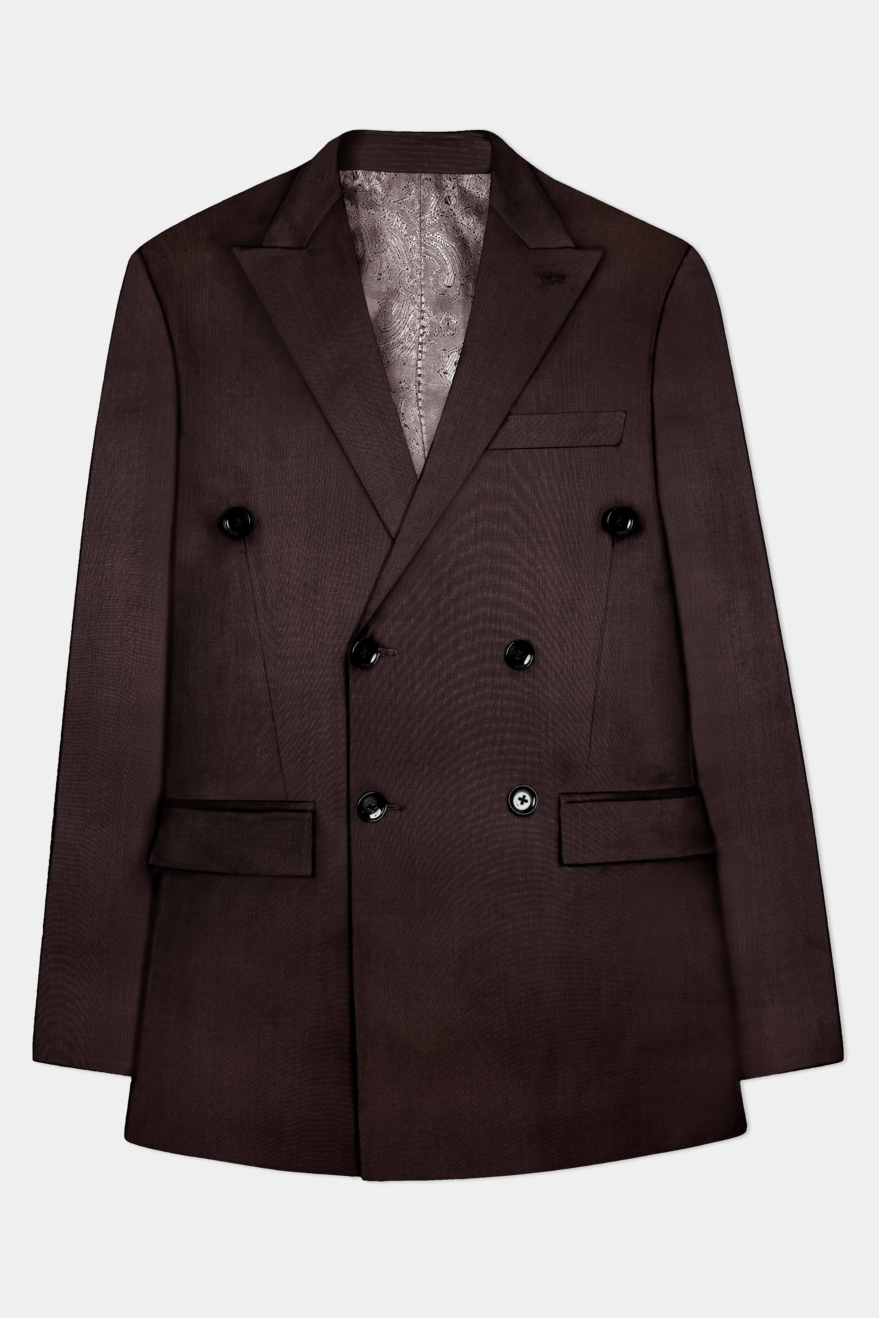 Espresso-Hickory Brown Solid Wool Rich Double Breasted Blazer