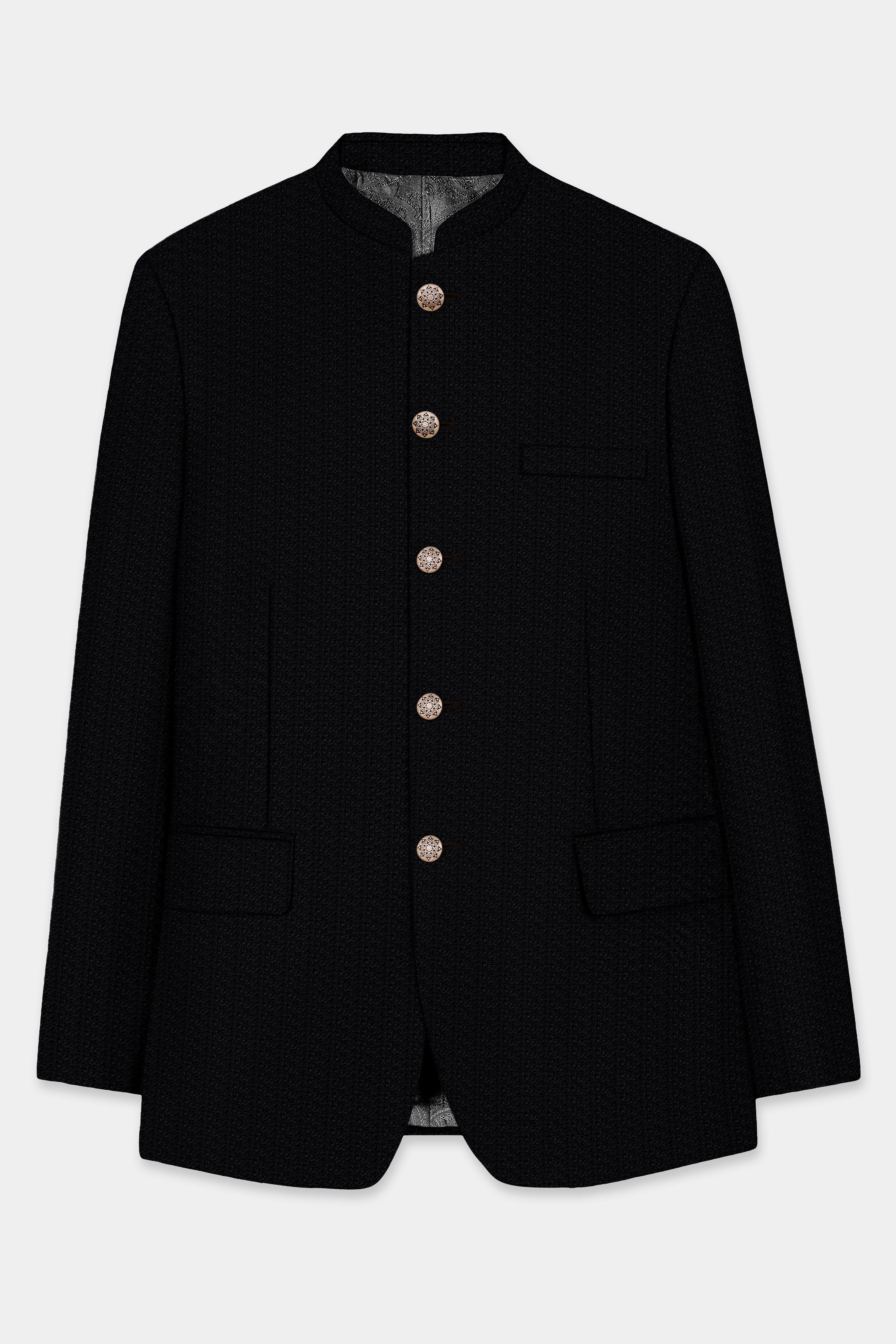 Noir-Jade Black Textured Wool Rich Bandhgala Blazer