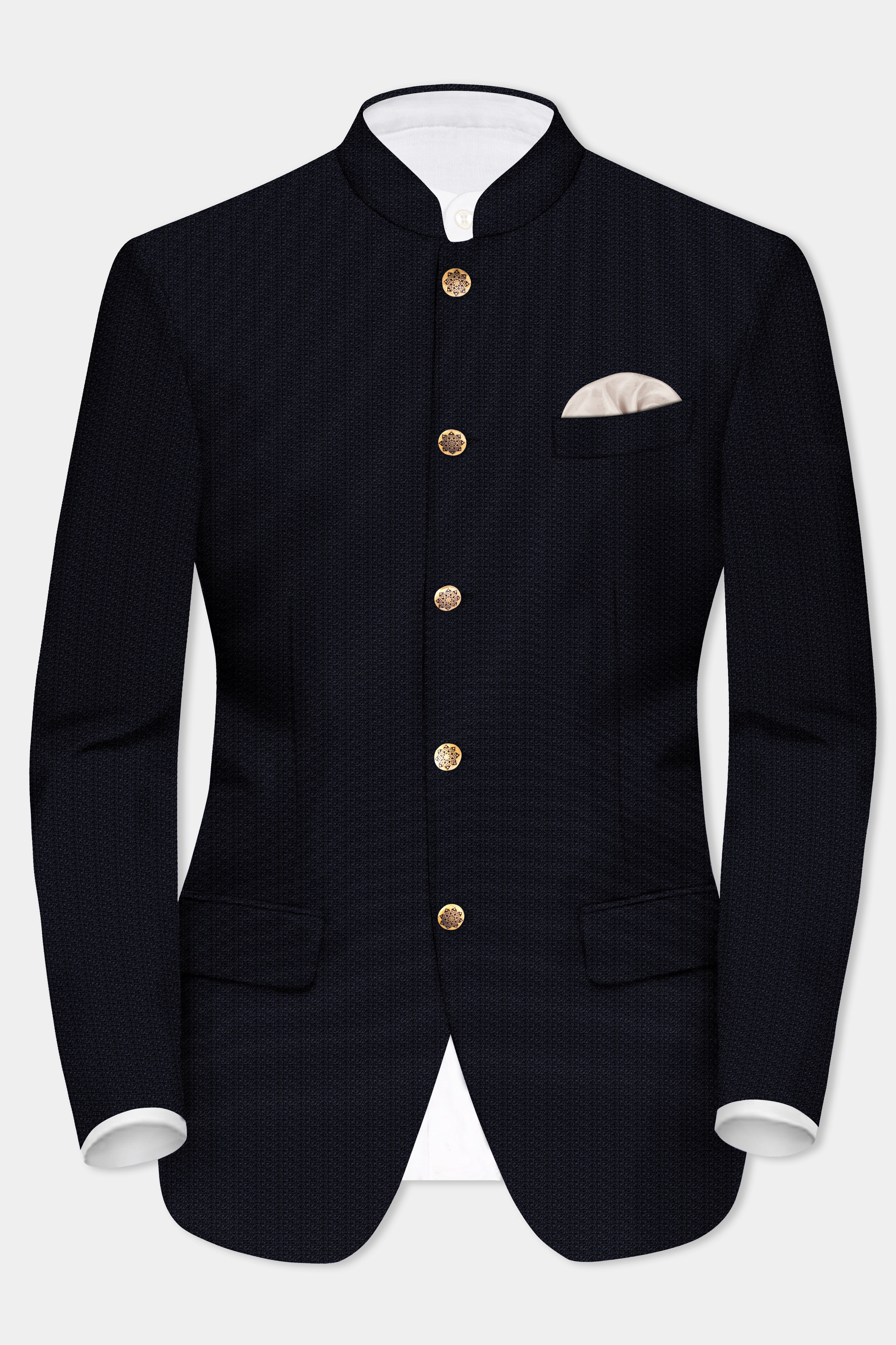 Indigo Prestige-French Navy Textured Wool Rich Bandhgala Blazer