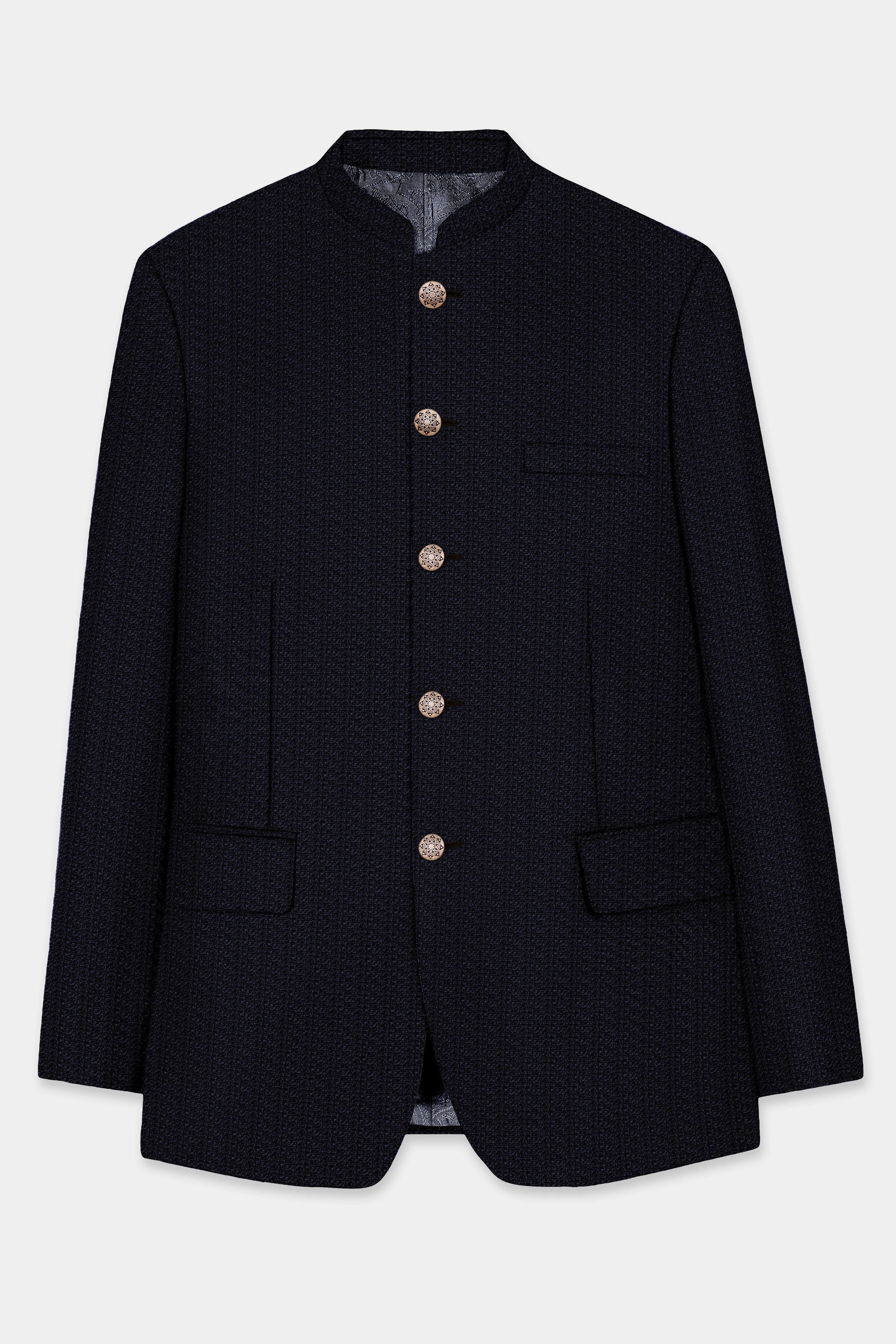 Indigo Prestige-French Navy Textured Wool Rich Bandhgala Blazer