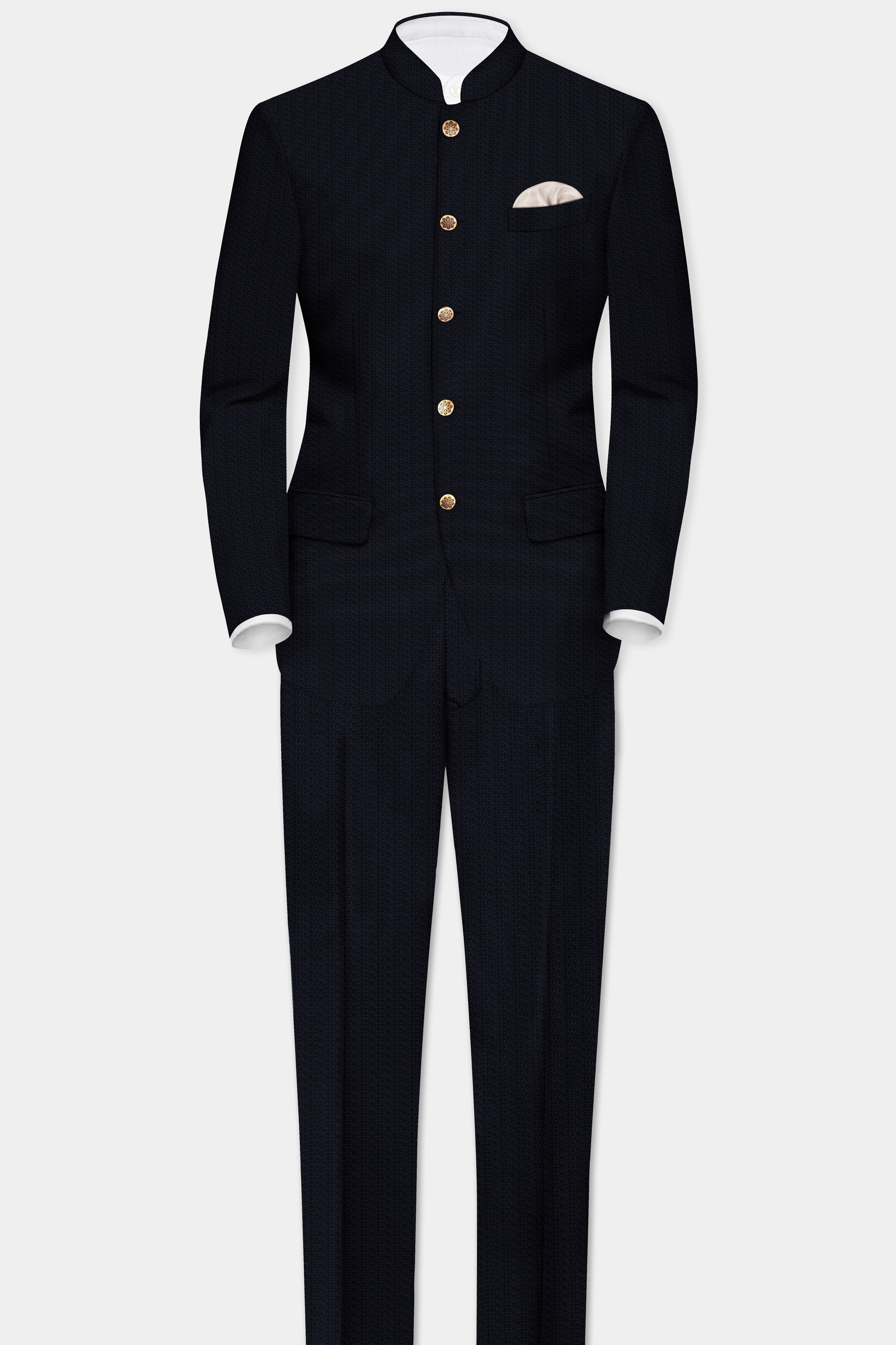 Indigo Prestige-French Navy Textured Wool Rich Bandhgala Blazer