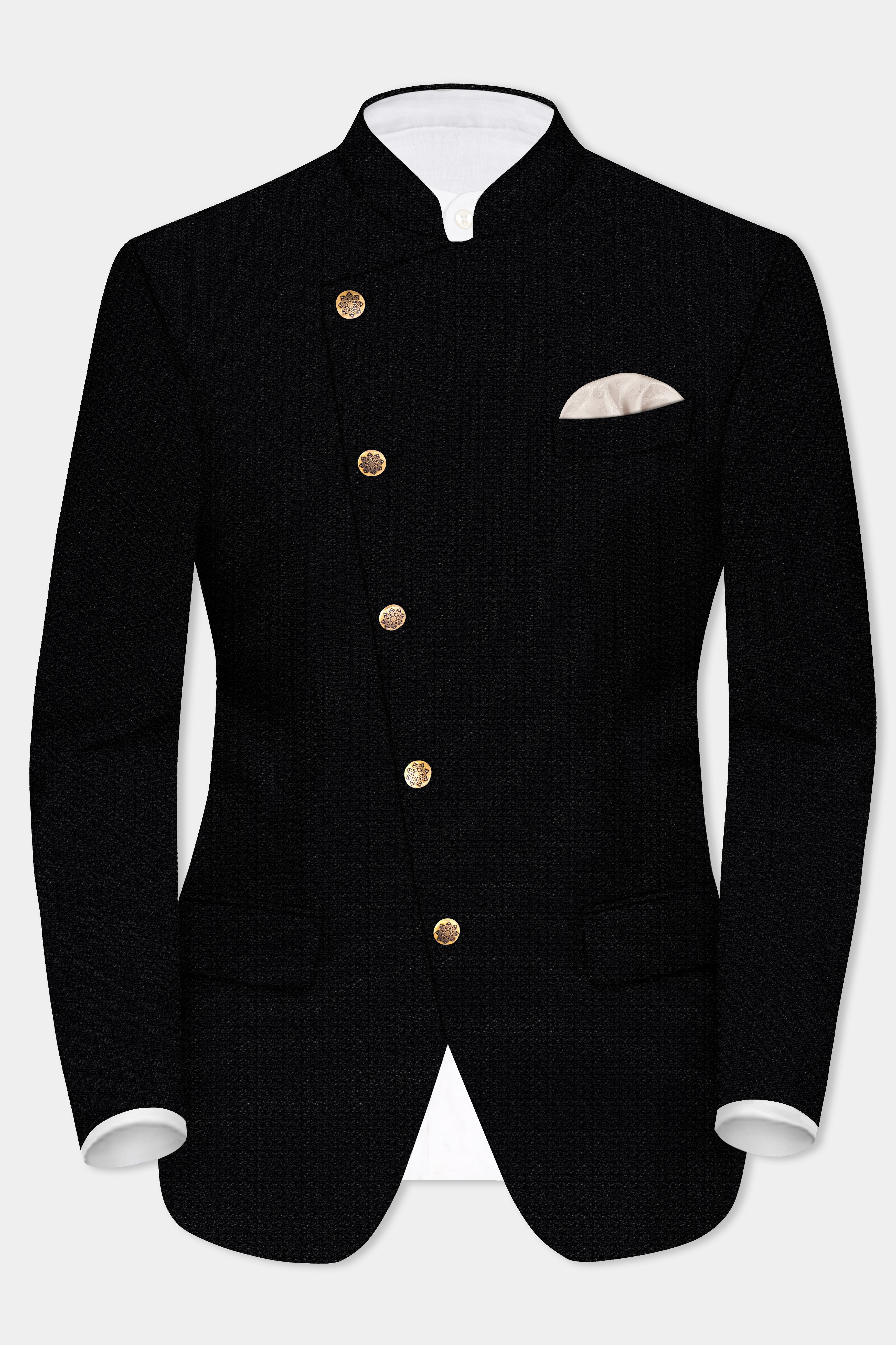 Noir-Jade Black Textured Wool Rich Cross Placket Bandhgala Blazer