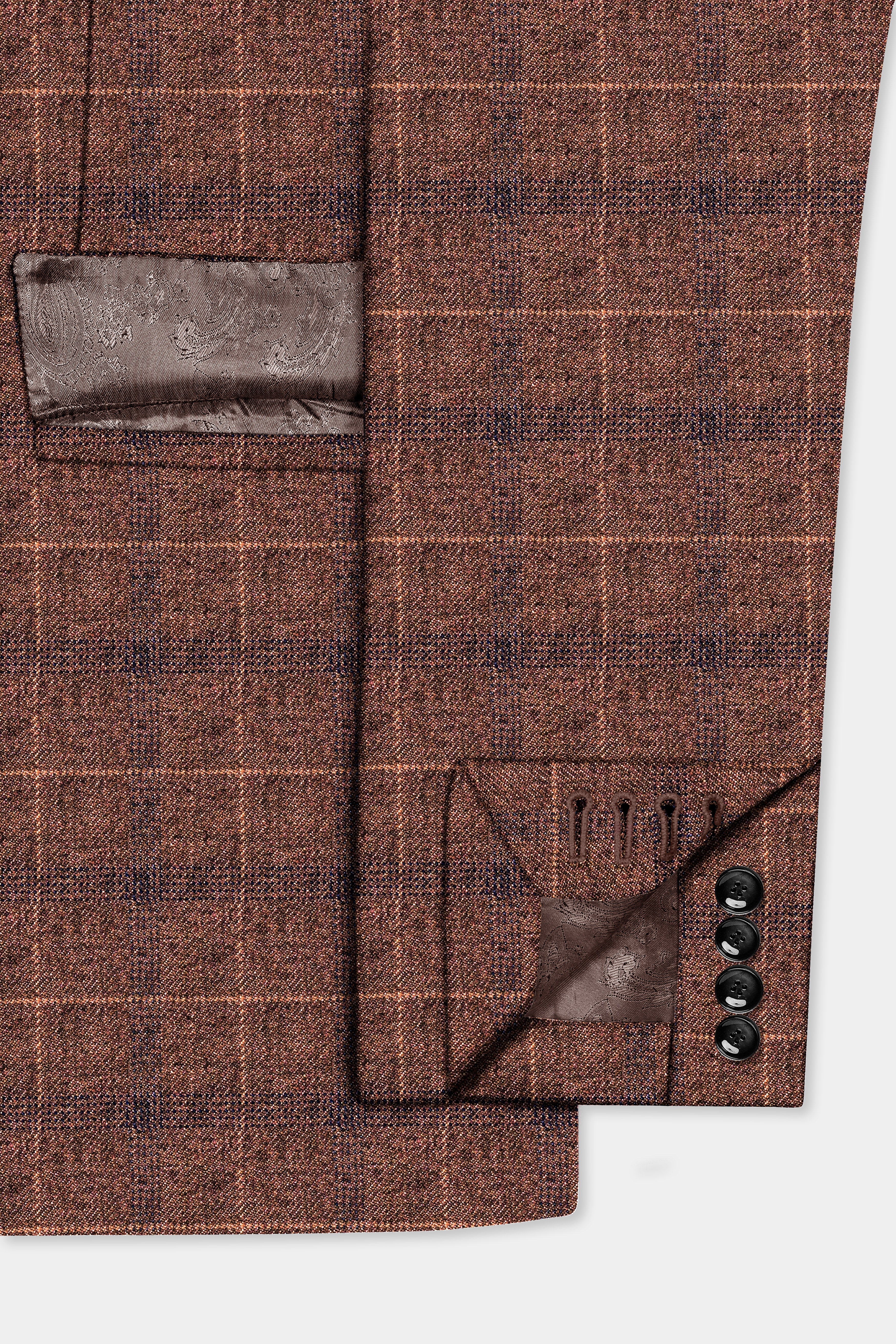 Cinnamon Spice-Spice Brown Plaid Wool Rich Double Breasted Blazer