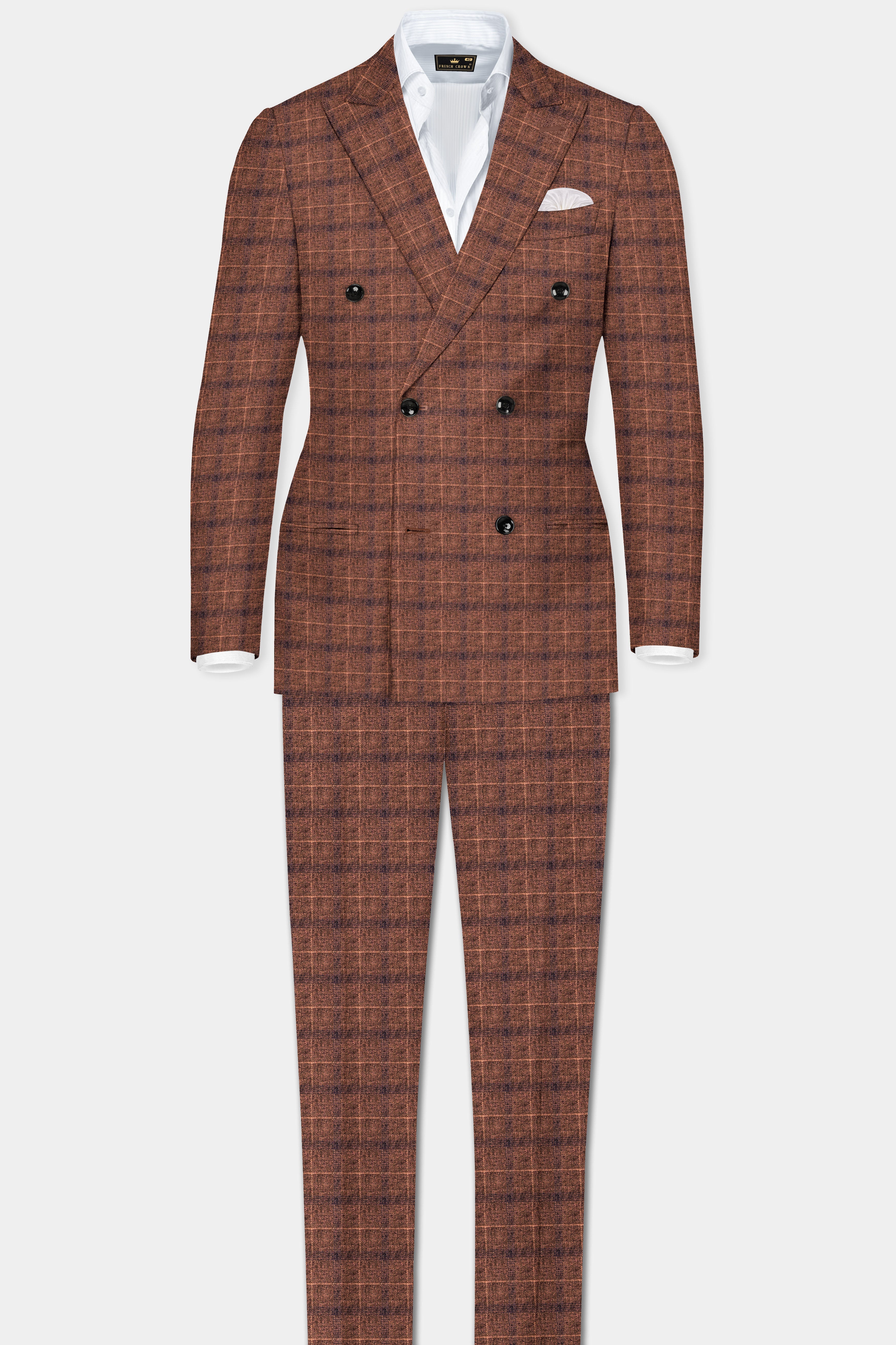 Cinnamon Spice-Spice Brown Plaid Wool Rich Double Breasted Blazer