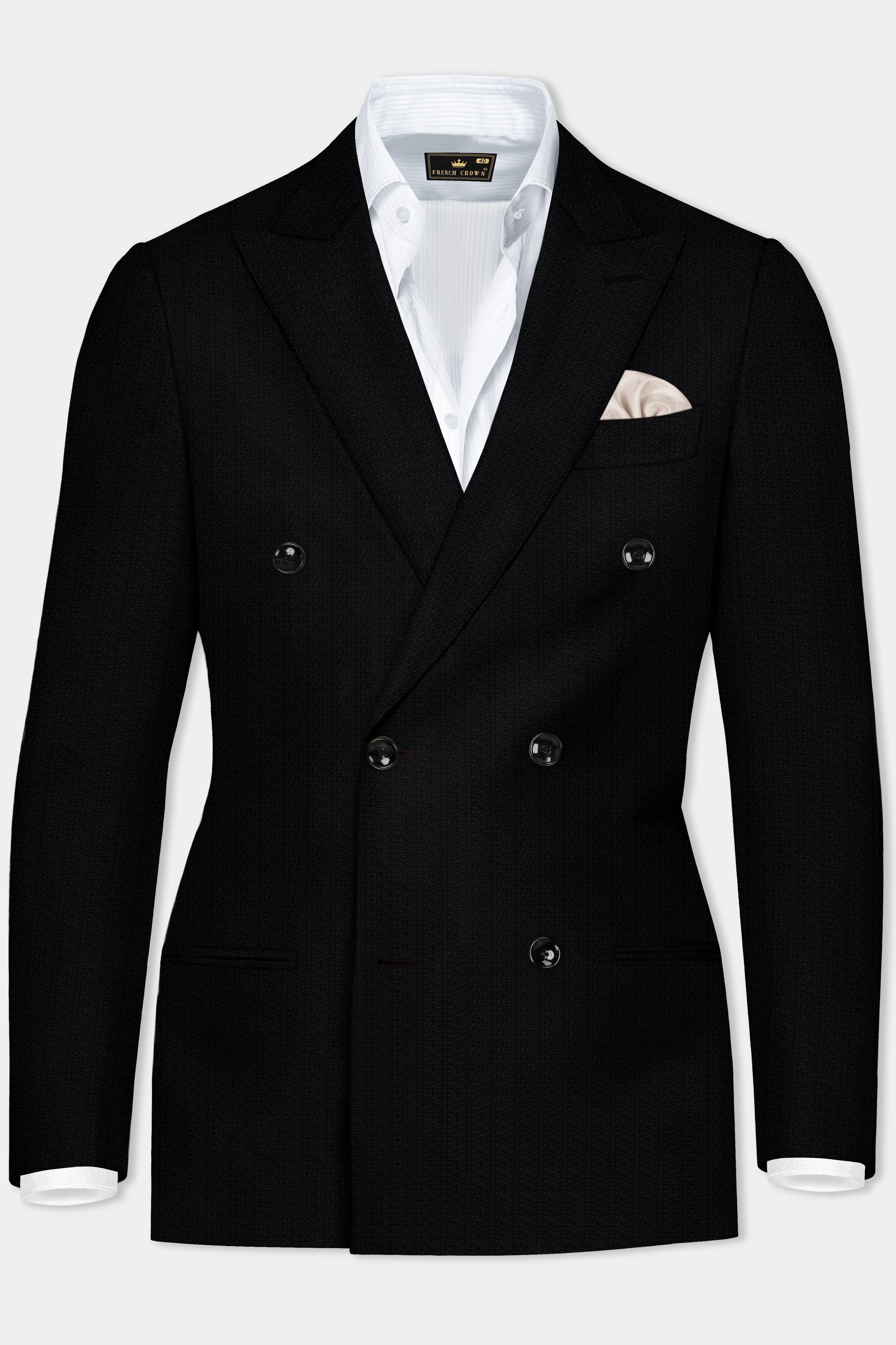 Noir-Jade Black Textured Wool Rich Double Breasted Blazer