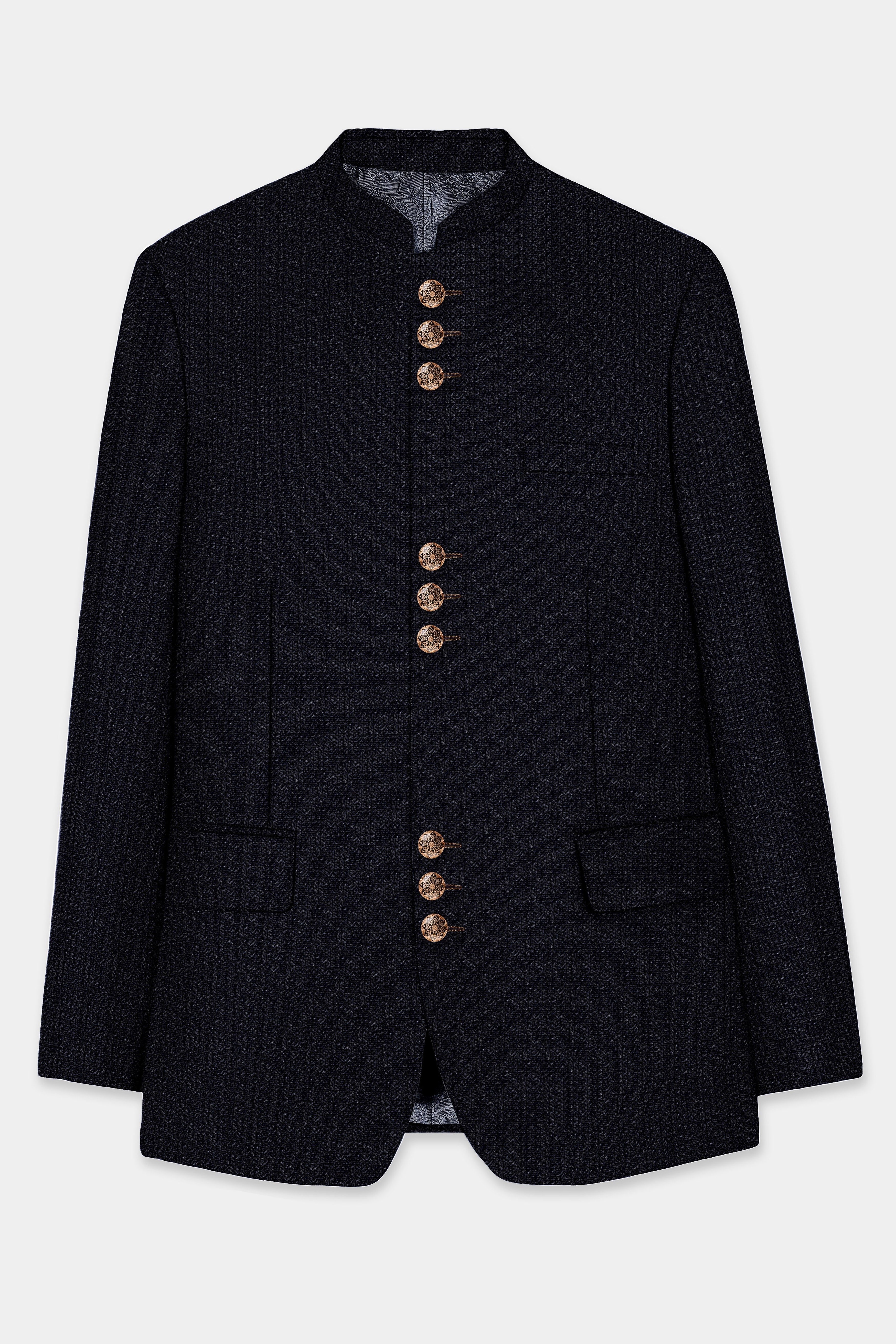 Indigo Prestige-French Navy Textured Wool Rich Bandhgala Designer Blazer