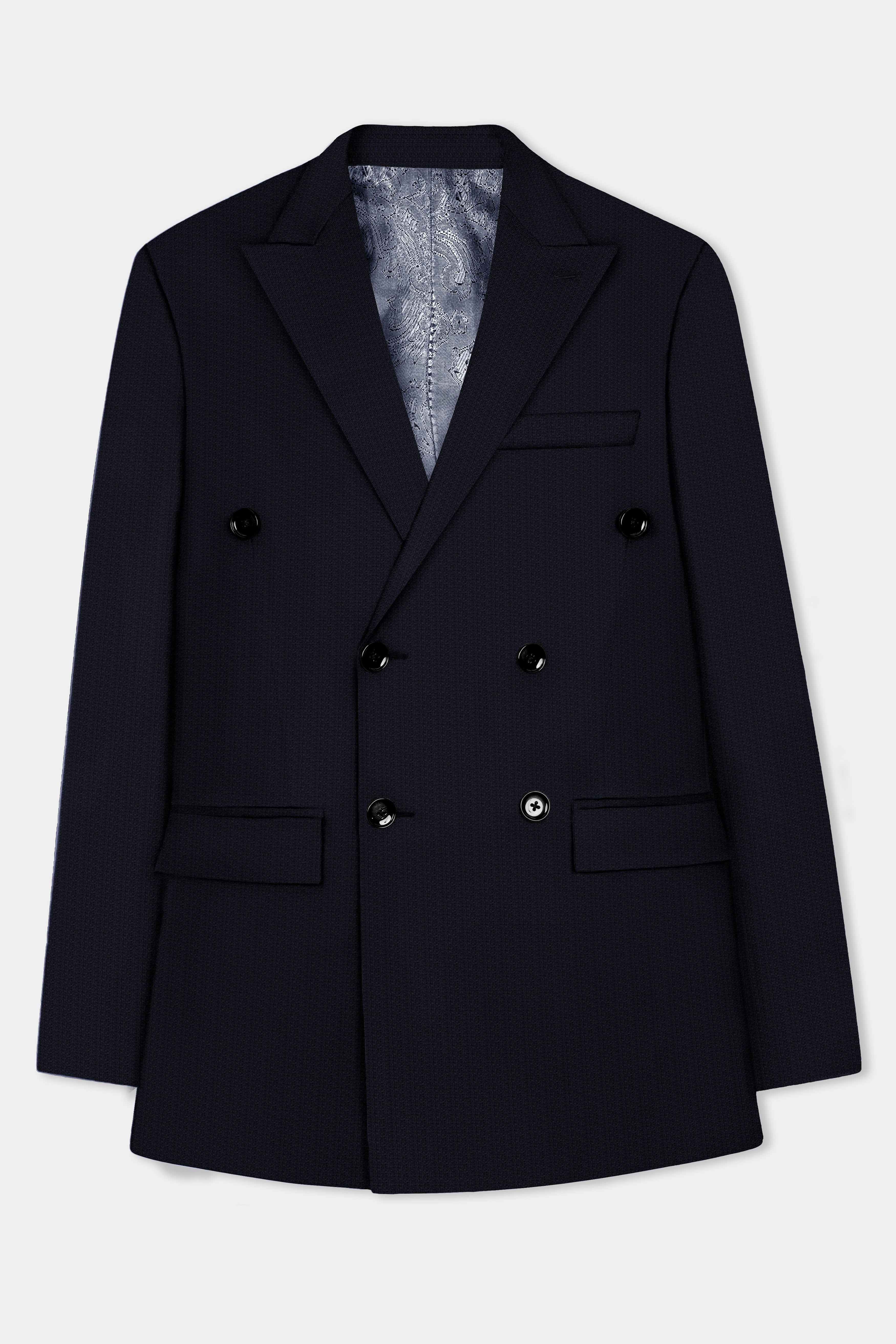 Indigo Prestige-French Navy Textured Wool Rich Double Breasted Blazer