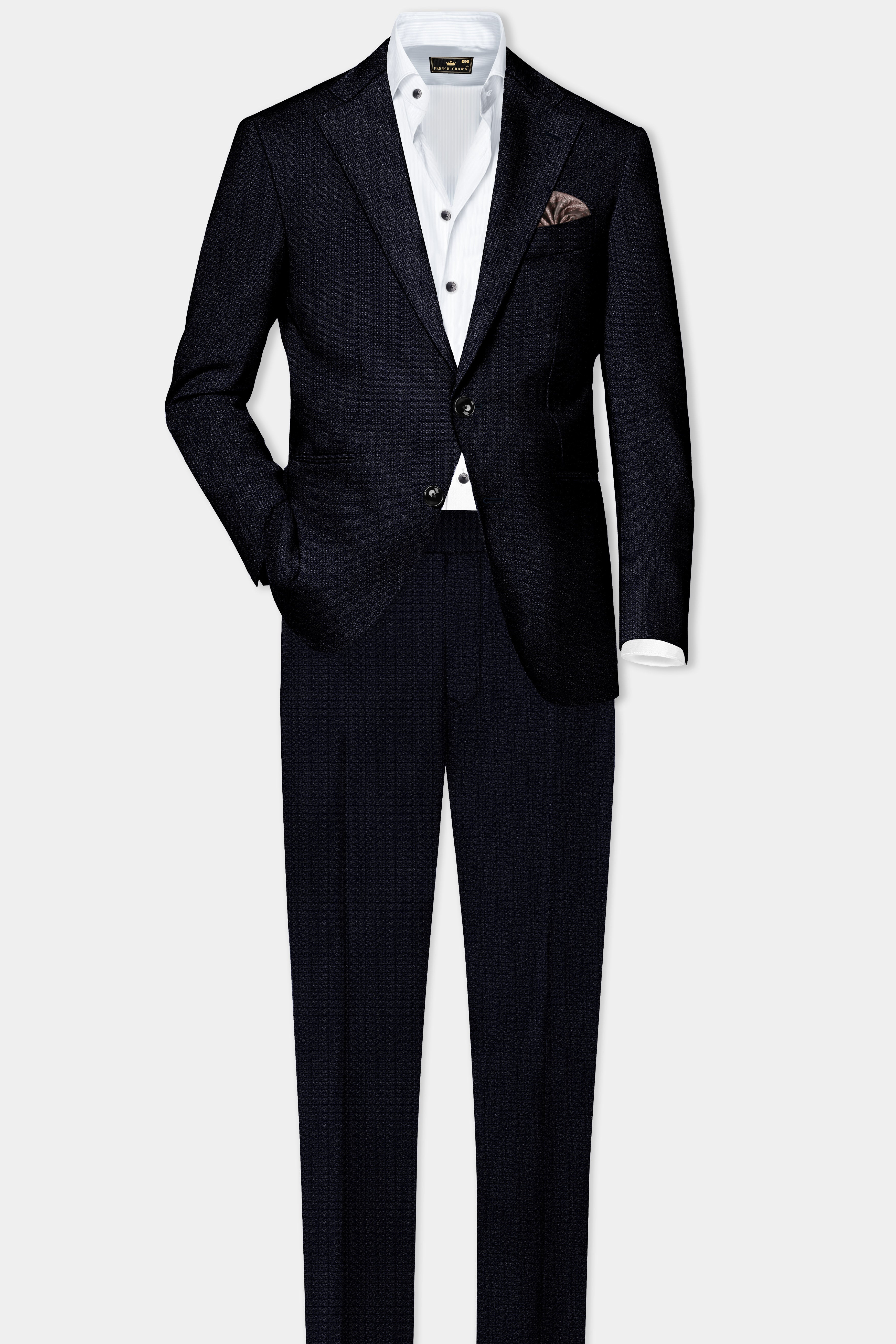 Indigo Prestige-French Navy Textured Wool Rich Single Breasted Blazer