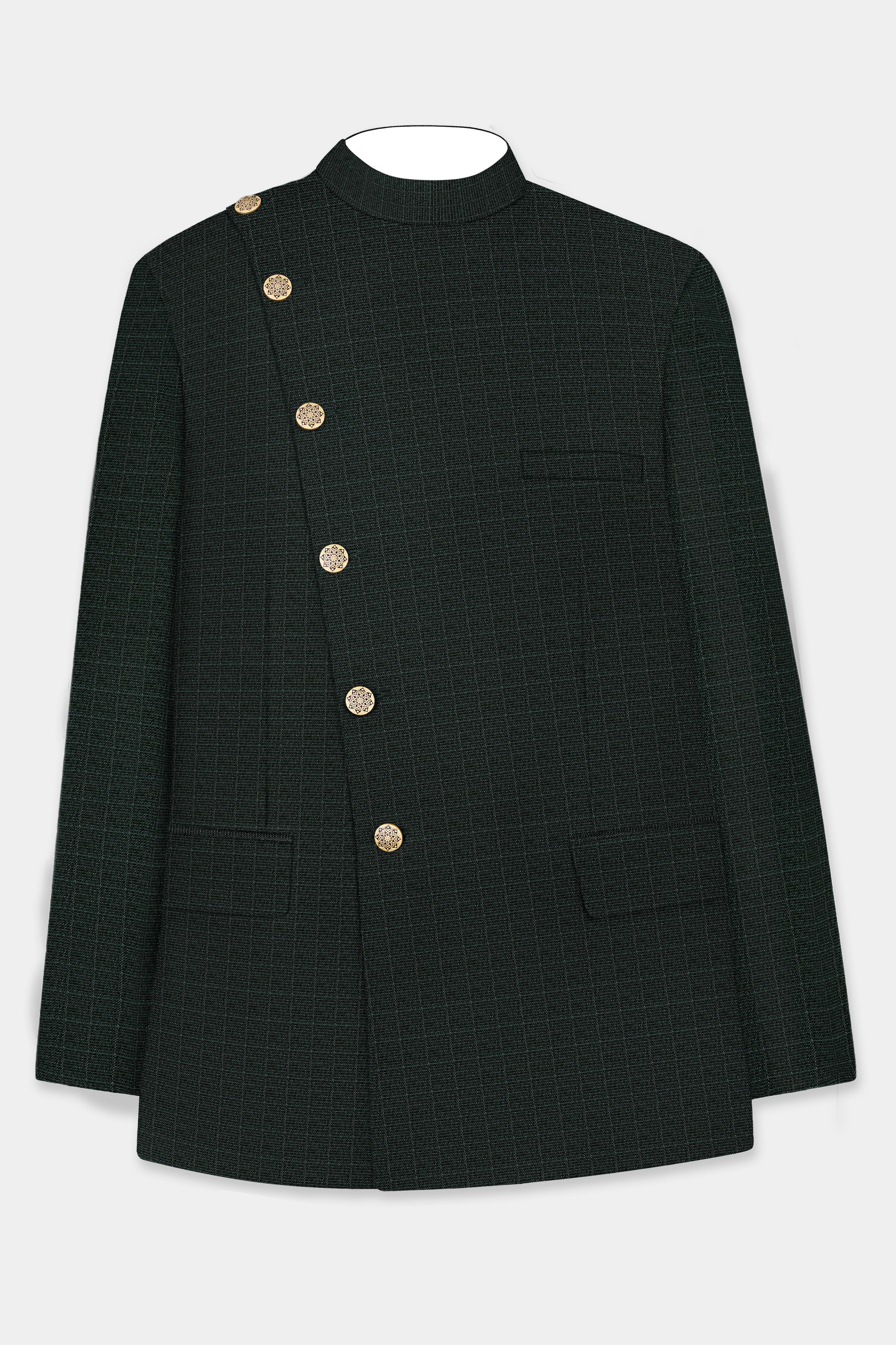 Aztec-Opulent Green Plaid Wool Rich Cross Placket Bandhgala Blazer