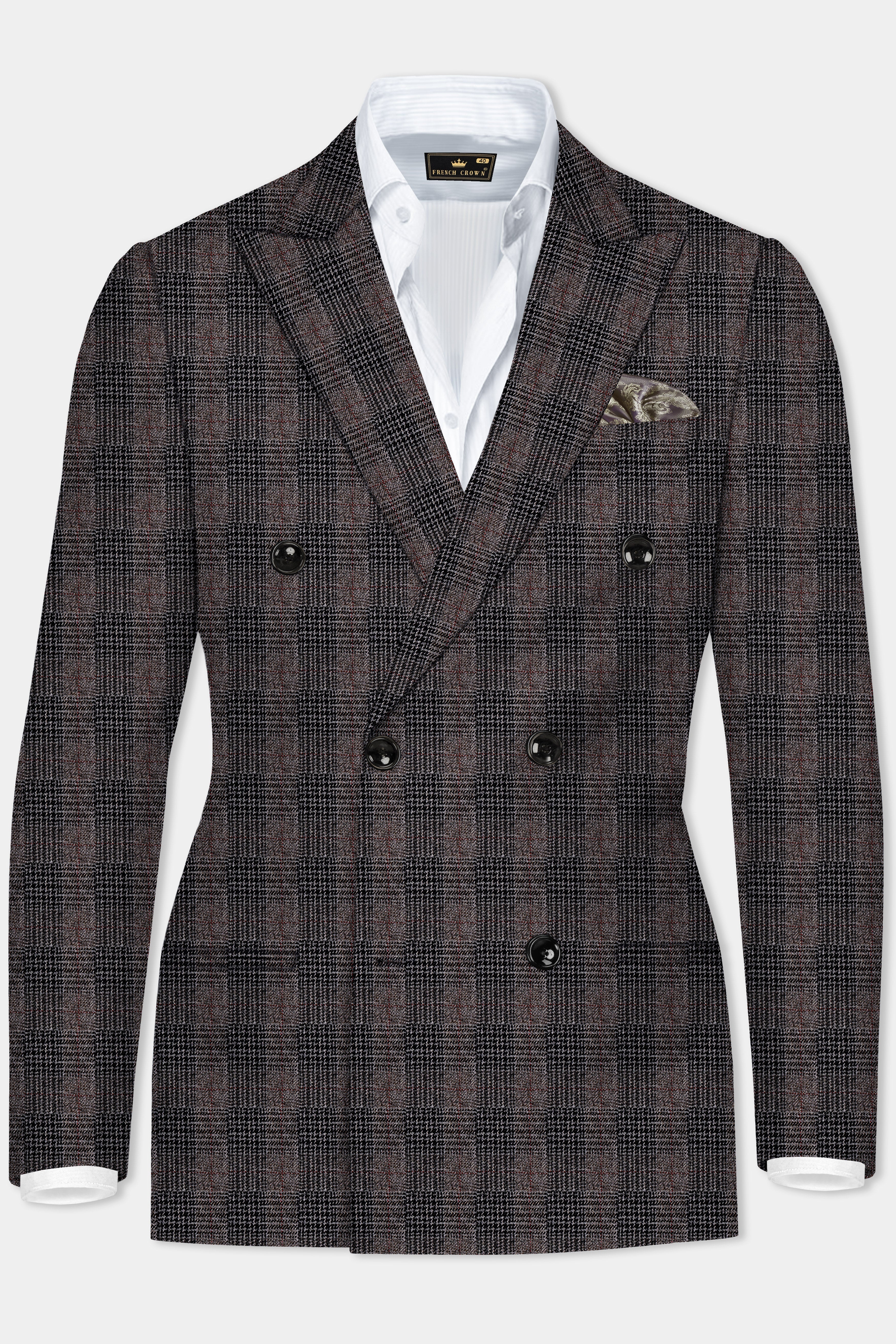 Rustic-Matterhorn Brown Plaid Tweed Double Breasted Designer Blazer