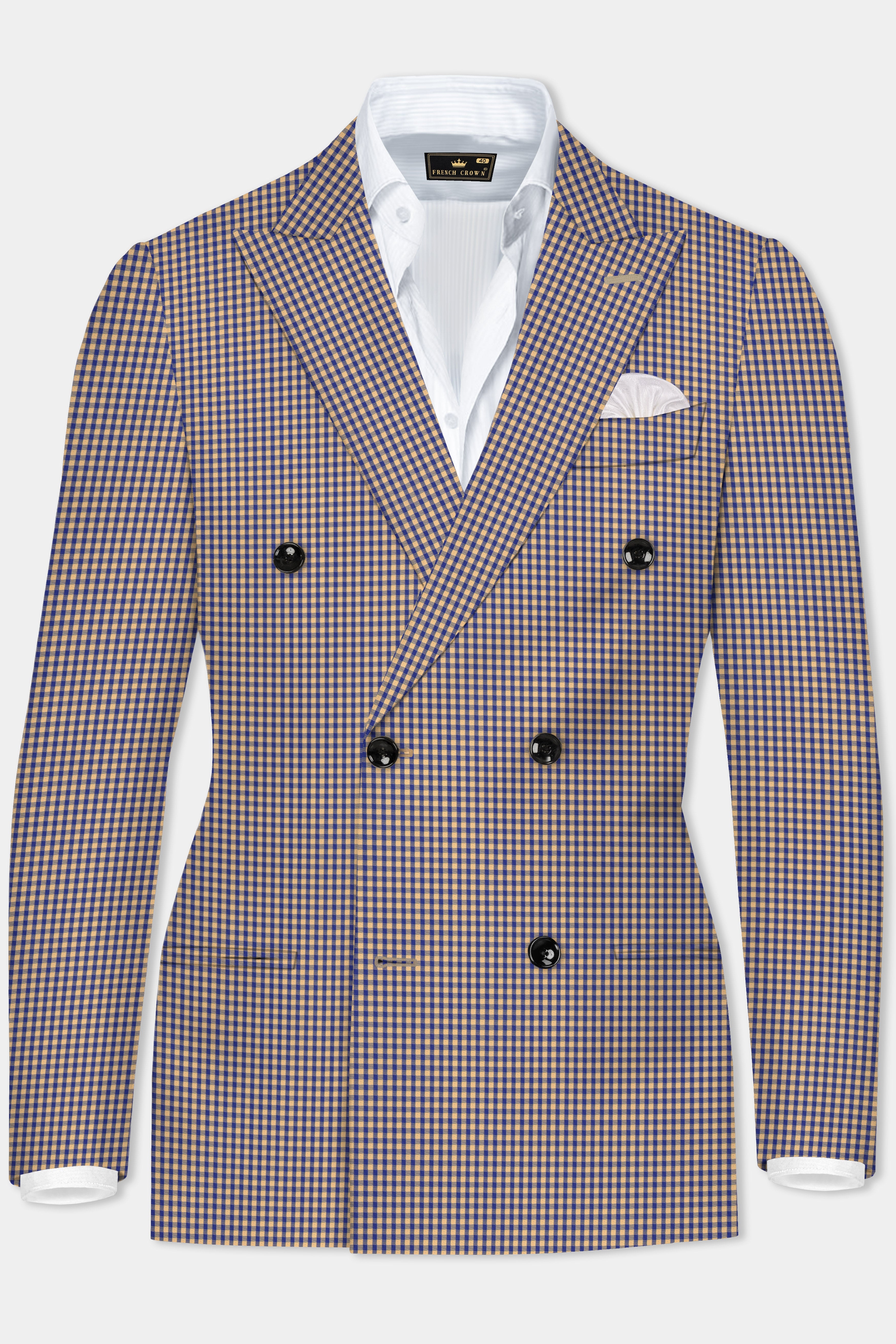 Sierra-Catalina Blue And Tacao Yellow Gingham Plaid Cotton Double Breasted Blazer