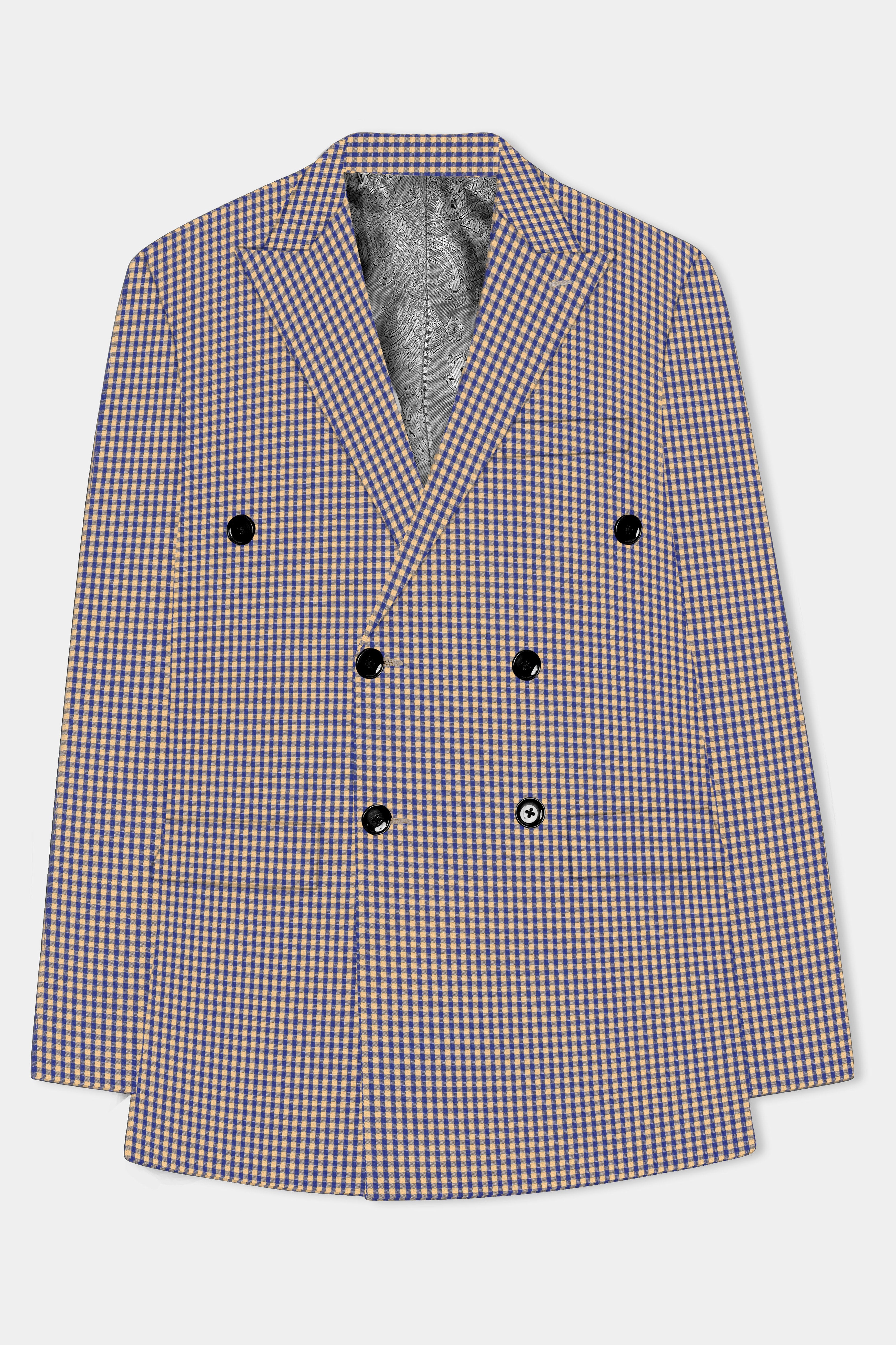 Sierra-Catalina Blue And Tacao Yellow Gingham Plaid Cotton Double Breasted Blazer