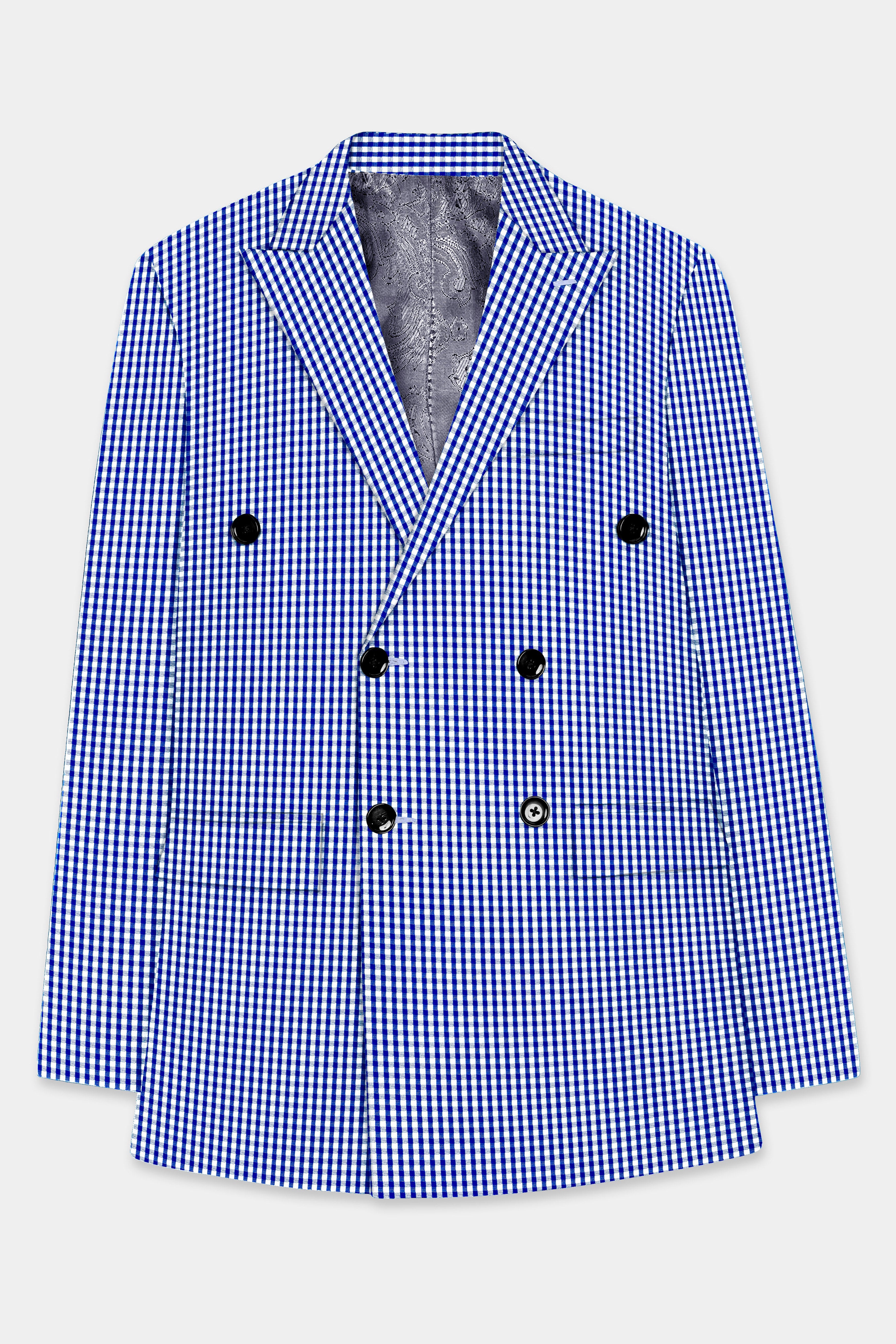 Nautilus-Torea Bay Blue And Bright White Gingham Plaid Cotton Double Breasted Blazer