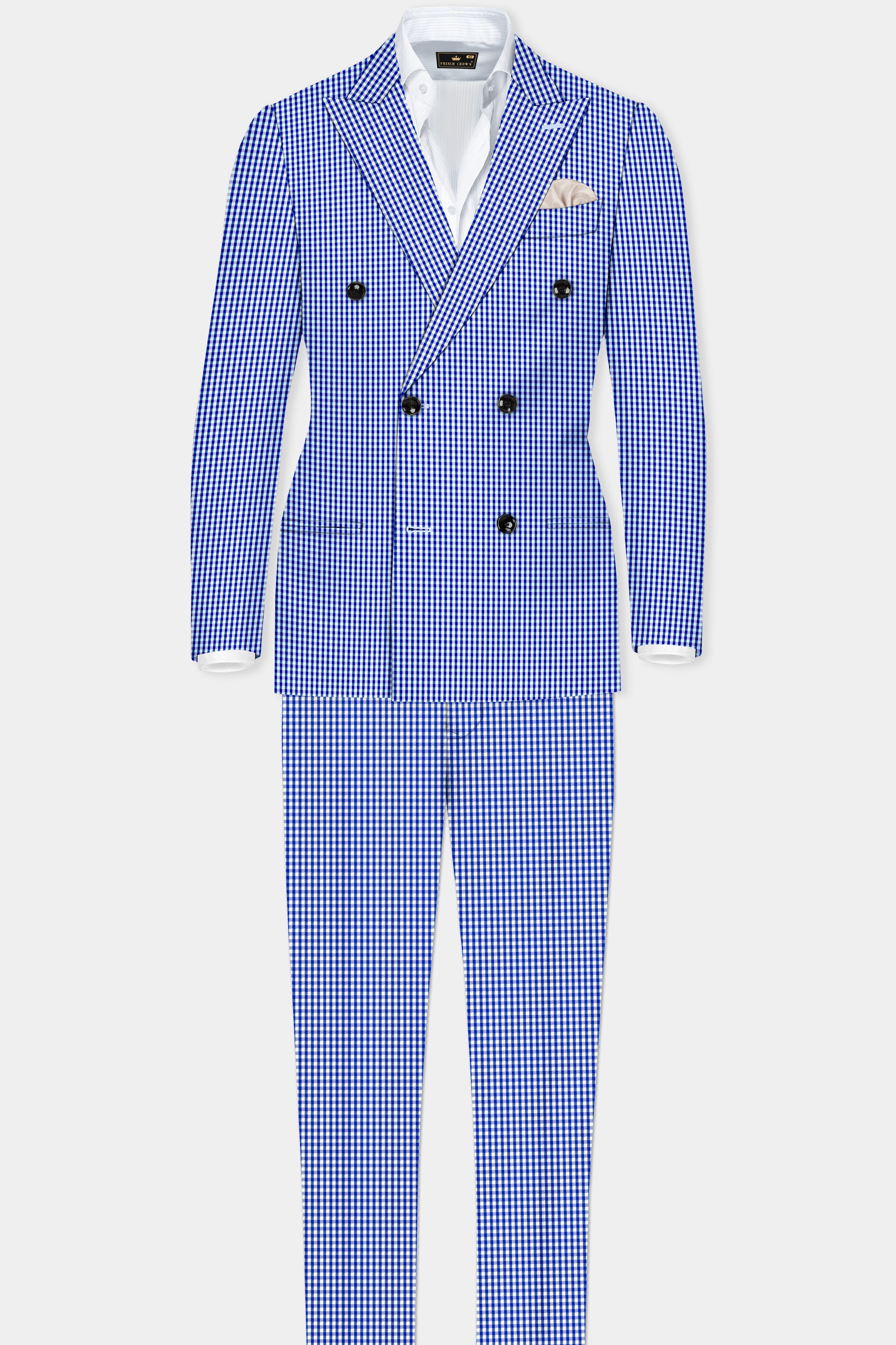 Nautilus-Torea Bay Blue And Bright White Gingham Plaid Cotton Double Breasted Blazer