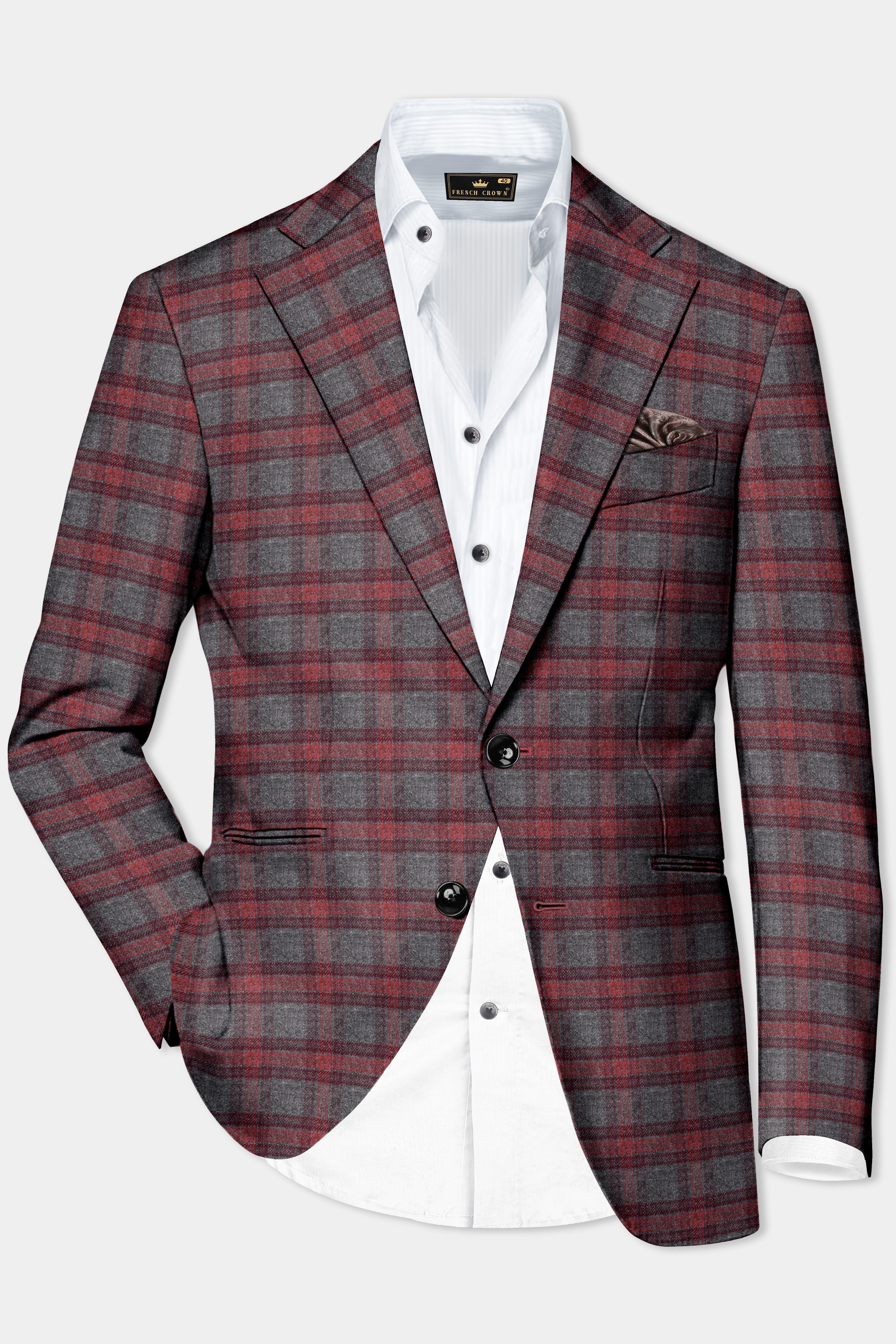 Tuscany-Chicago Gray And Tosca Red Plaid Tweed Single Breasted Blazer