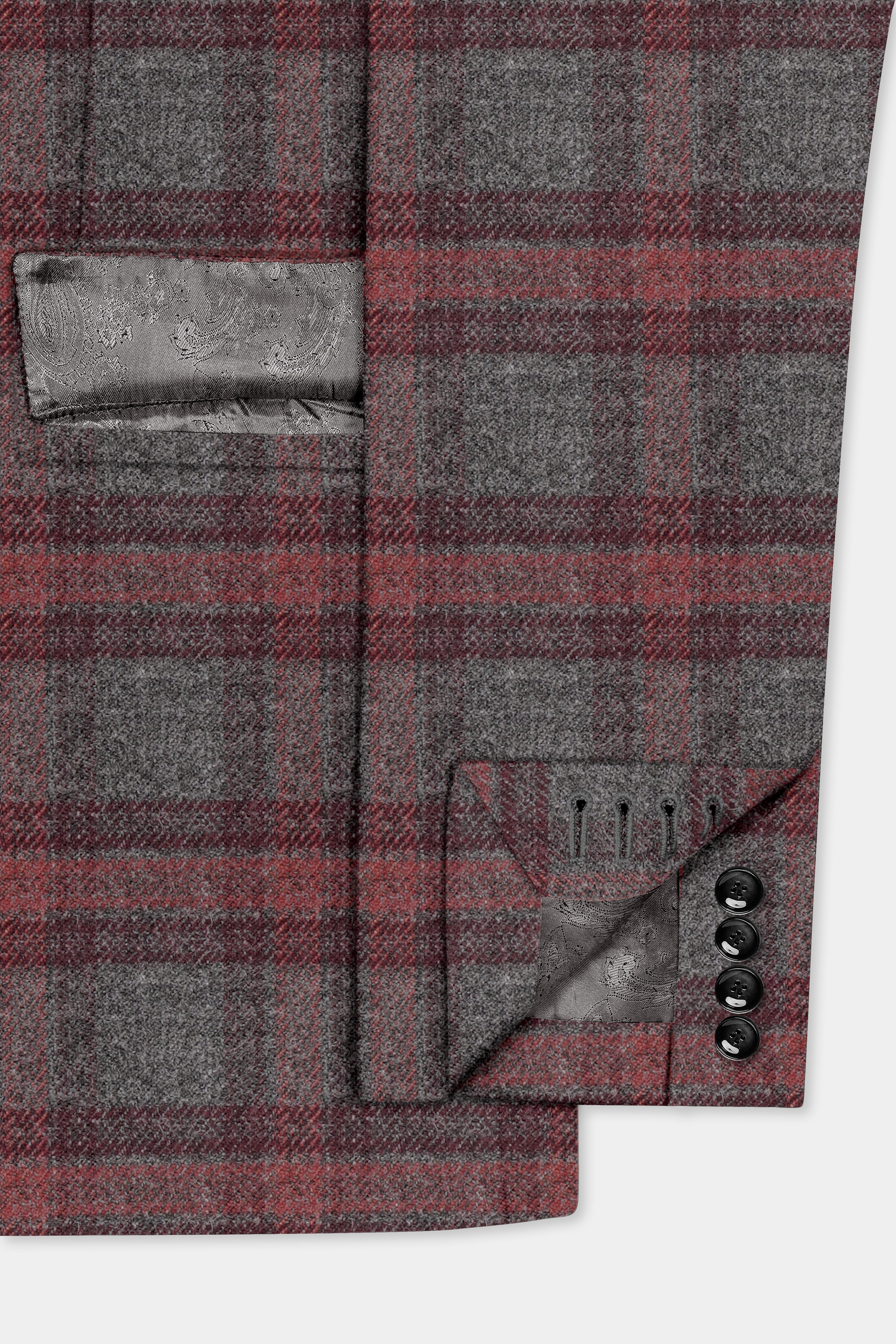 Tuscany-Chicago Gray And Tosca Red Plaid Tweed Single Breasted Blazer